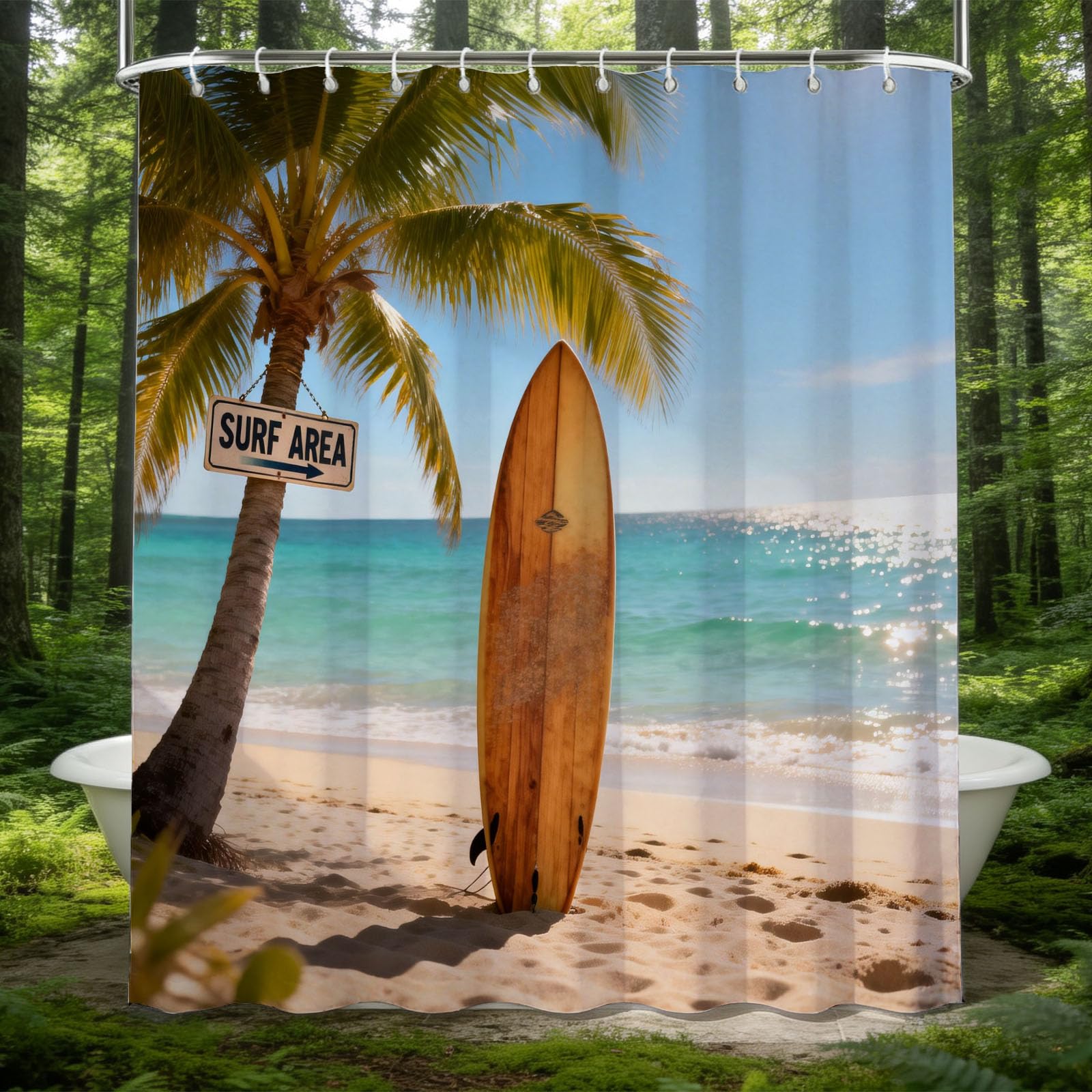Hongduo 3D Beach Surfboard Shower Curtain for Stalls Bathtubs Sandy Beach Bathroom Decor Shower Curtain Set Polyester Fabric Waterproof 180x180cm/71X71 Inch with Hooks