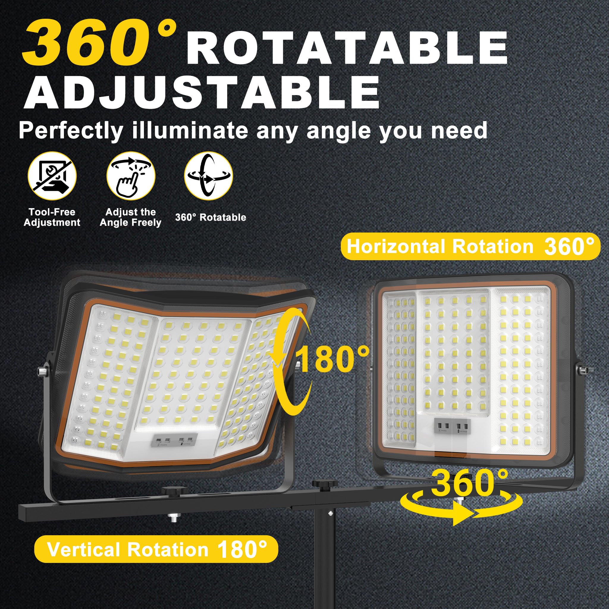 UISEBRT 2 focos LED de 300 W con batería con trípode y cable tipo C de 2 m, giratorio 360°, 3 modos de luz, altura regulable de 116 a 182 cm, blanco frío, IP66, resistente al agua, para garaje, taller