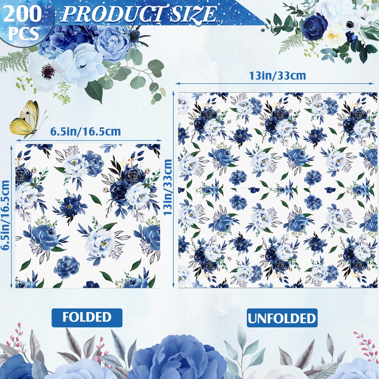 Tatuo 100 Pcs Floral Napkins Disposable Hand Towels Flower Napkins Disposable Paper Guest Napkins Decorative Paper Towels for Bathroom Wedding Birthday Baby Shower Kitchen Table, 6.5x6.5in, Navy Blue