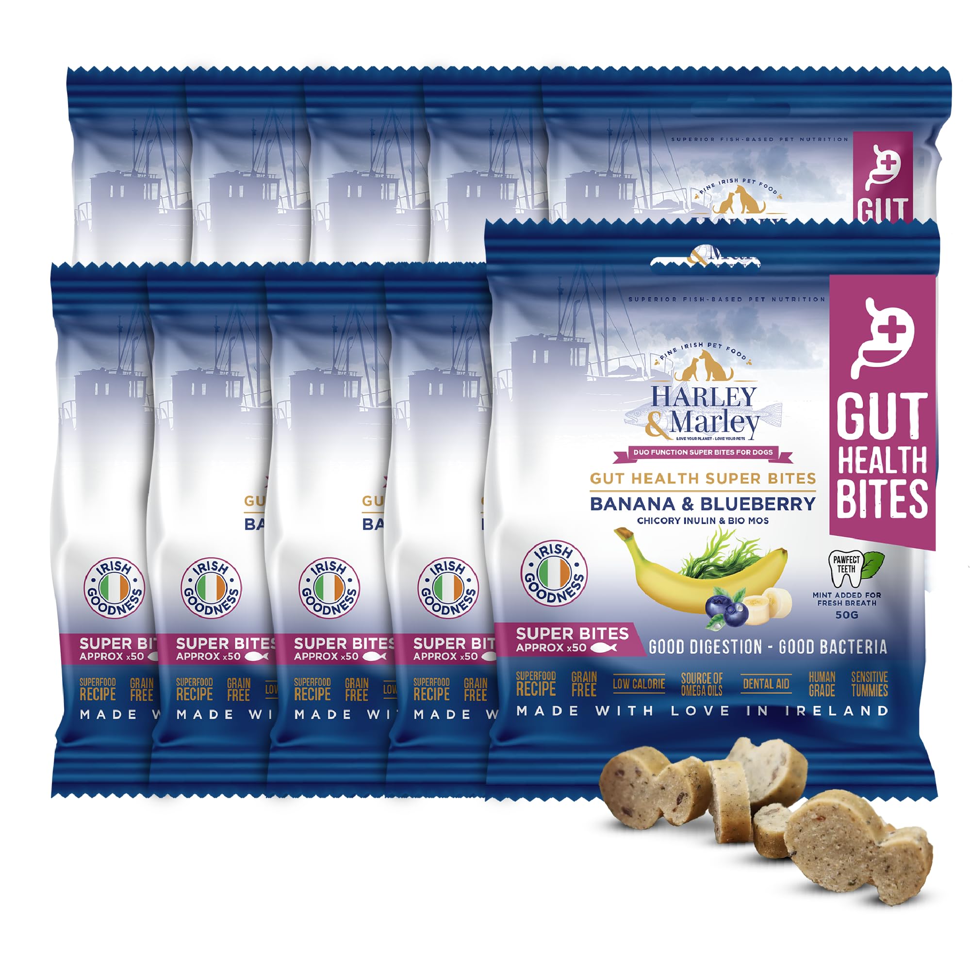 Harley & Marley Gut Health Super Bites for Dogs - Natural Dog Digestive Supplements with Fibre, Prebiotics & Biotics - Banana, Blueberry, Chicory Inulin & Bio-Mos - Prebiotics for Dogs - 10pk (50/pk)