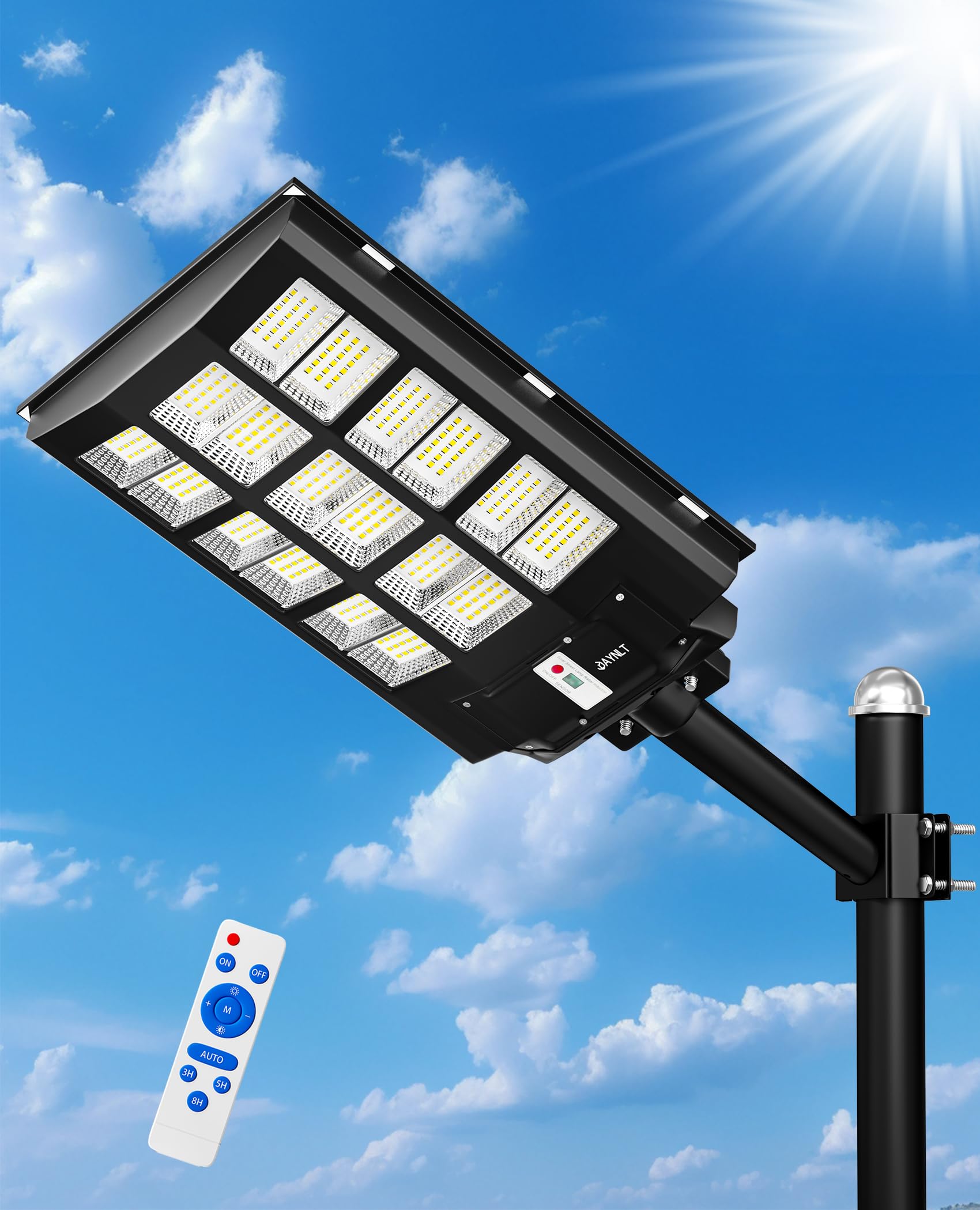 JAYNLT 3500W Lampione Solare Led Esterno, 6500K Faro Stradale con Pannello Solari, IP67 Impermeabile Luci Solari di Sicurezza, Lampioni Stradale con Sensore Movimento per Sentieri, Vialetti, Giardino