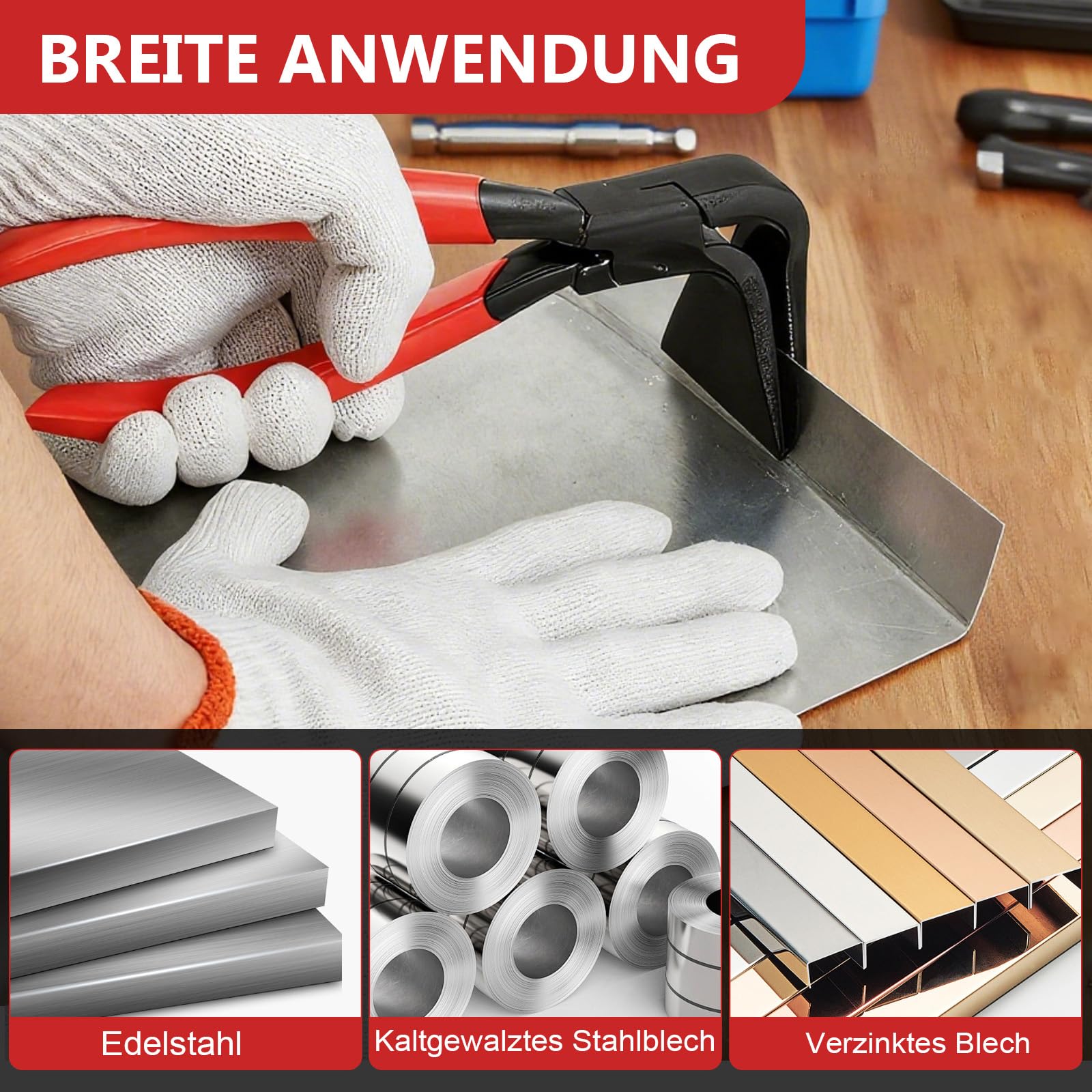 4 Stück Falzzange Set - mit 0° Falzzange & 45° Blechbiegezange & 90° Gerade Abgewinkelt Abkantzange & Rohrpresszange, Maulbreite 60 mm