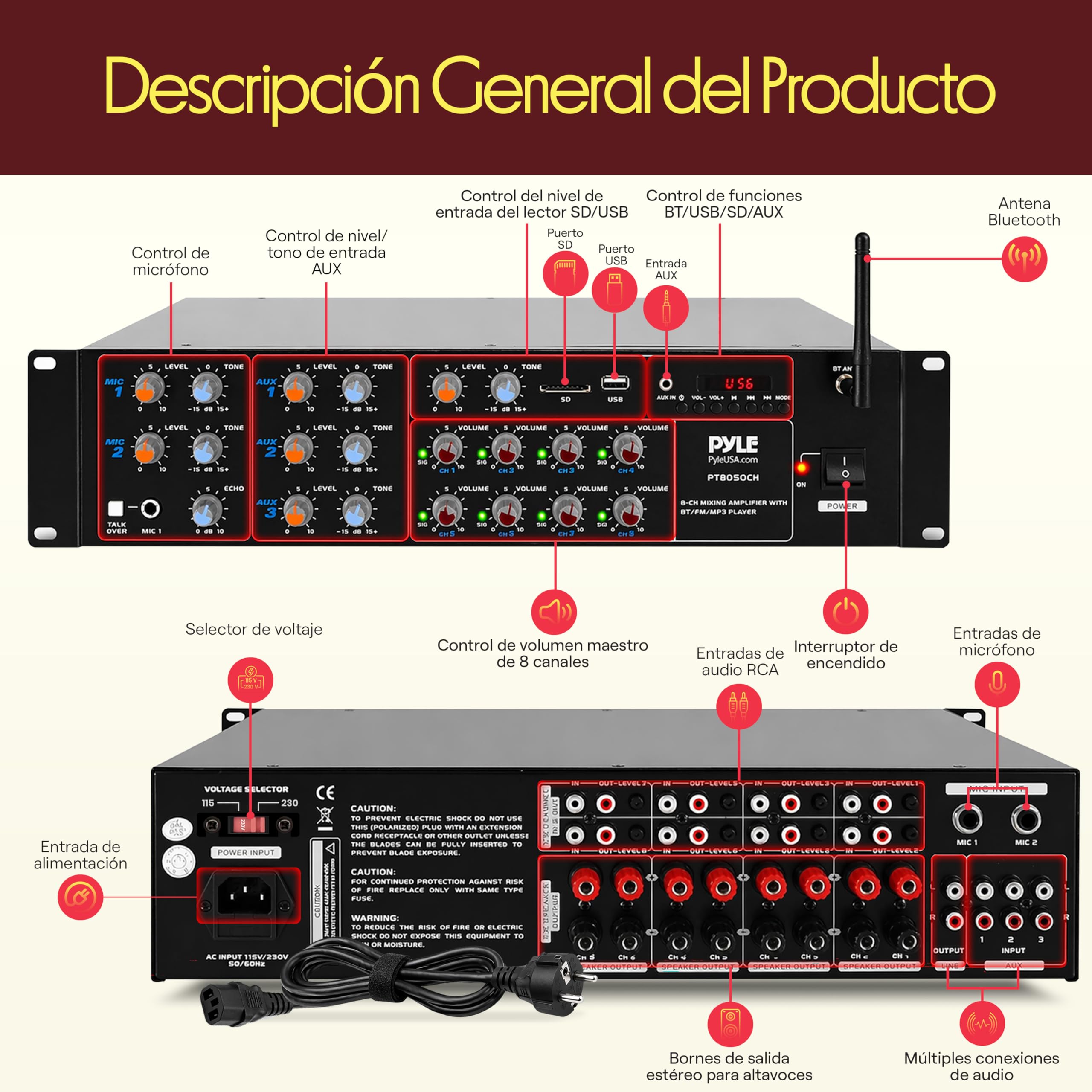 Pyle Amplificador de Sonido, 4000W, Bluetooth, Inalambrico, Sistema de Caja de Receptor Estereo, para el hogar, 8 Canales, RCA, USB, AUX, Altavoces, PA, Teatro, Estudio, Escenario