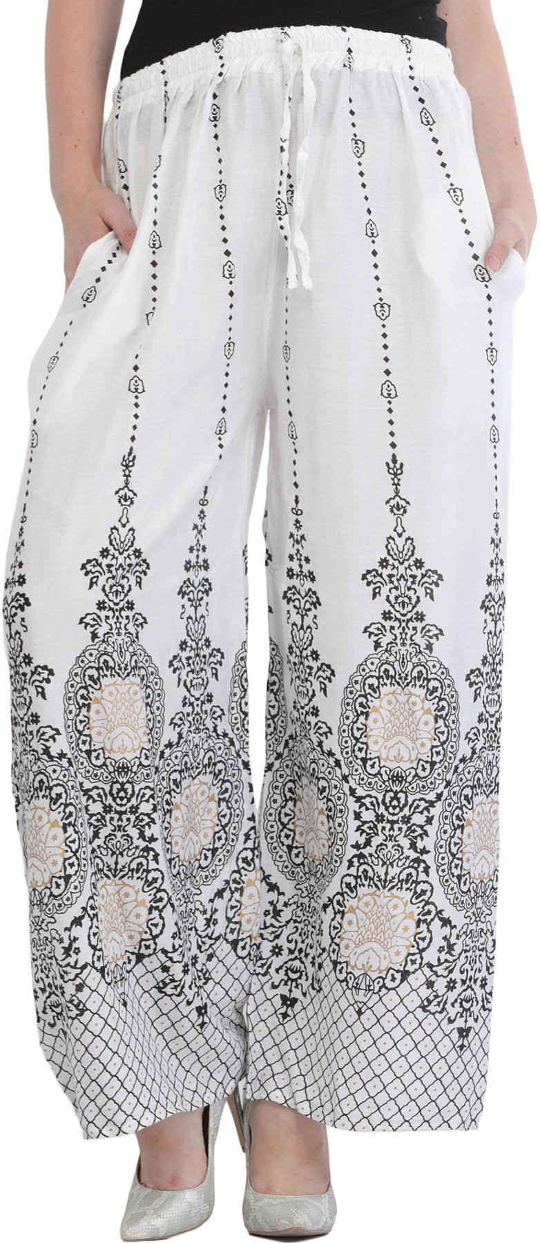 Exotic India Casual Yoga Trousers with Golden Floral Pr - Color Egret White