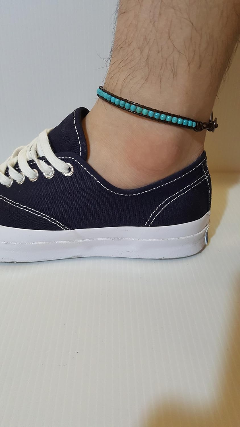 Infinityee888 Anklet Turquoise Bead 10 Inches Anklet Bracelet Woven with Leather Cord Handmade Hippie Bohemian Unisex Style Gift Idea for Men and Women - Image 6