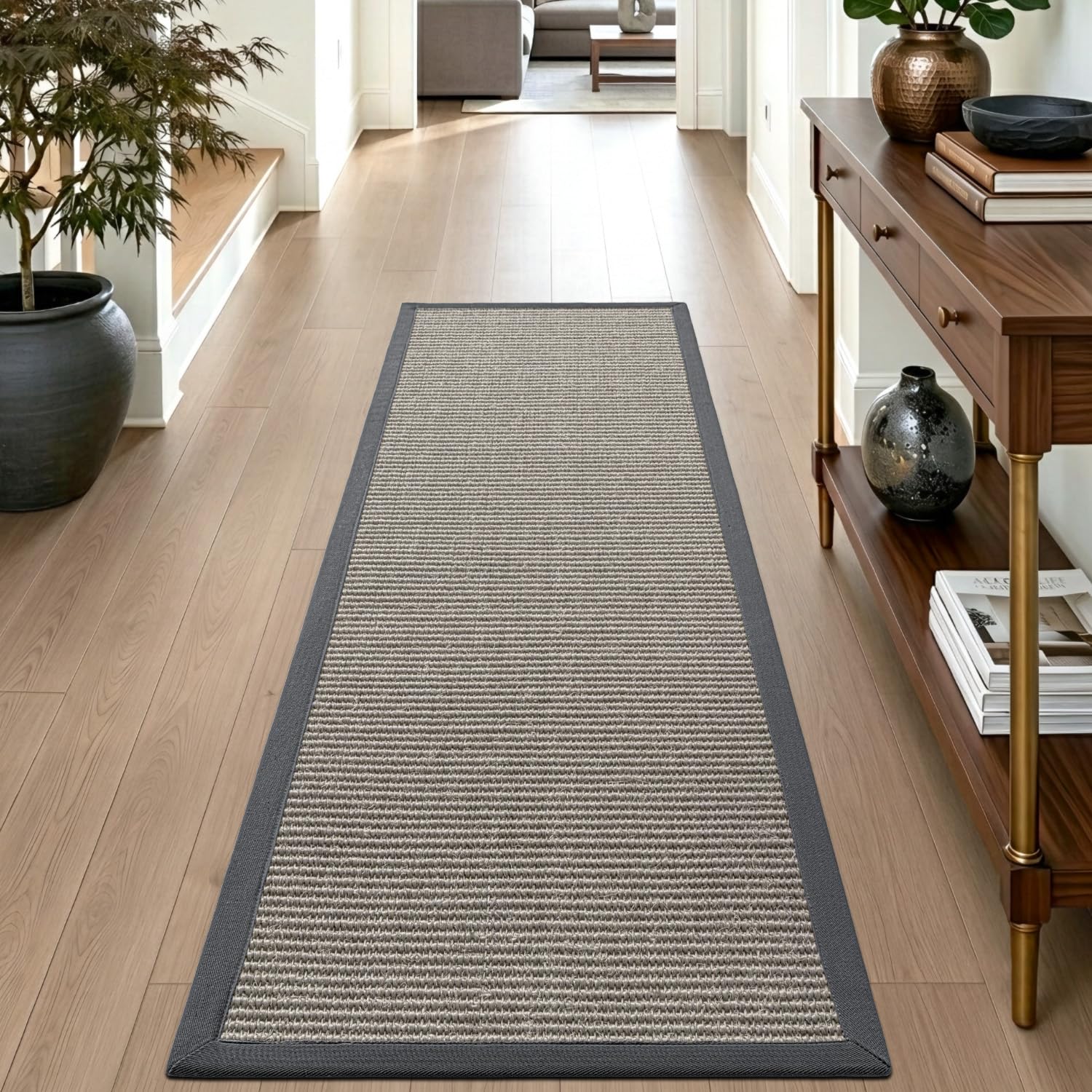 DEXI Jute-Flur-Läufer, 70 x 200 cm, gewebte geflochtene Naturfaser, rutschfester Läufer innen, Bauernhaus-Läufer, Teppich für den Eingangsbereich, Küche, Luandry, Natur/Grau