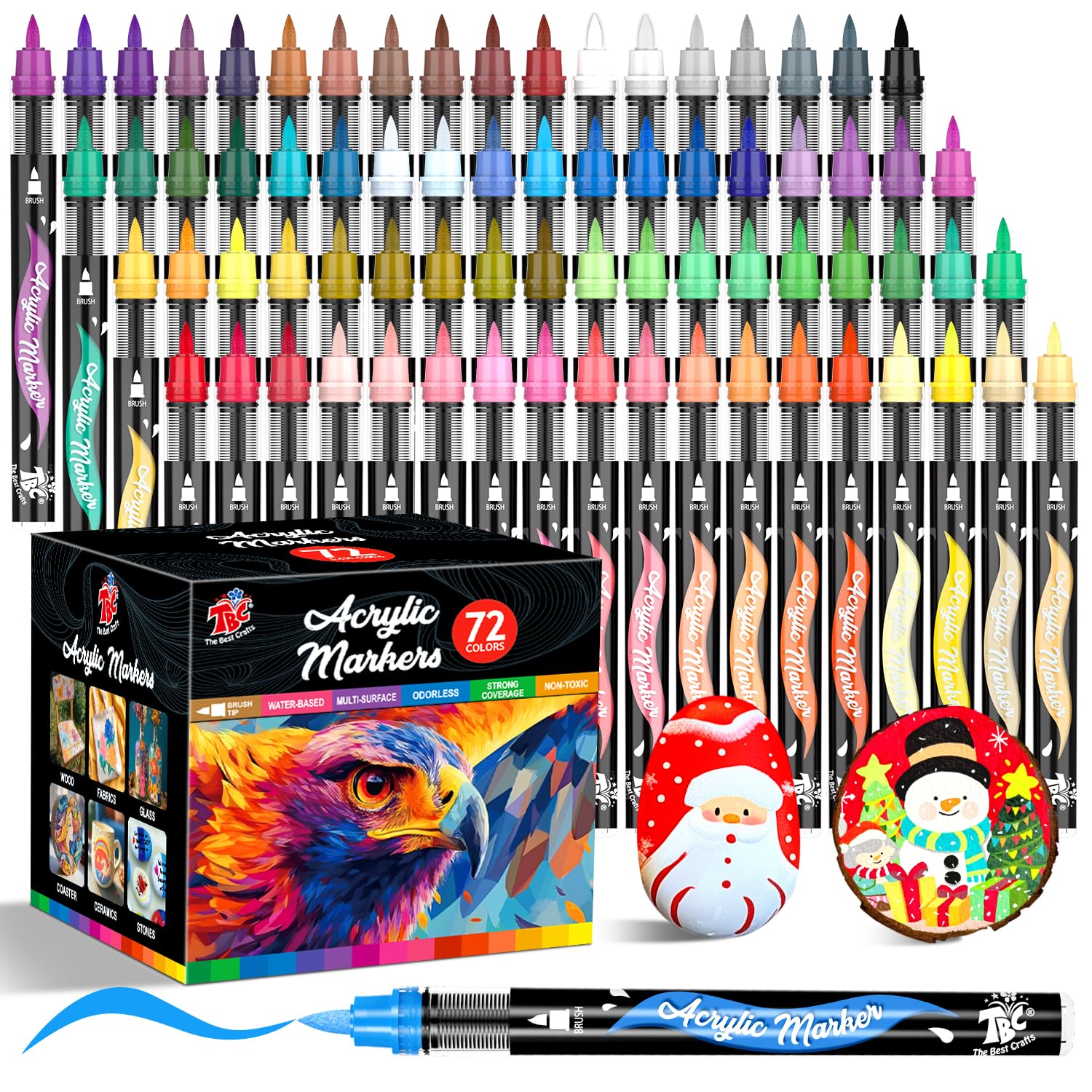 TBC The Best Crafts Acrylic Paint Markers, 72 Colors Water-Based Paint Pens for Art and Craft Projects, Multi-Surface Use on Fabric, Glass, Wood,