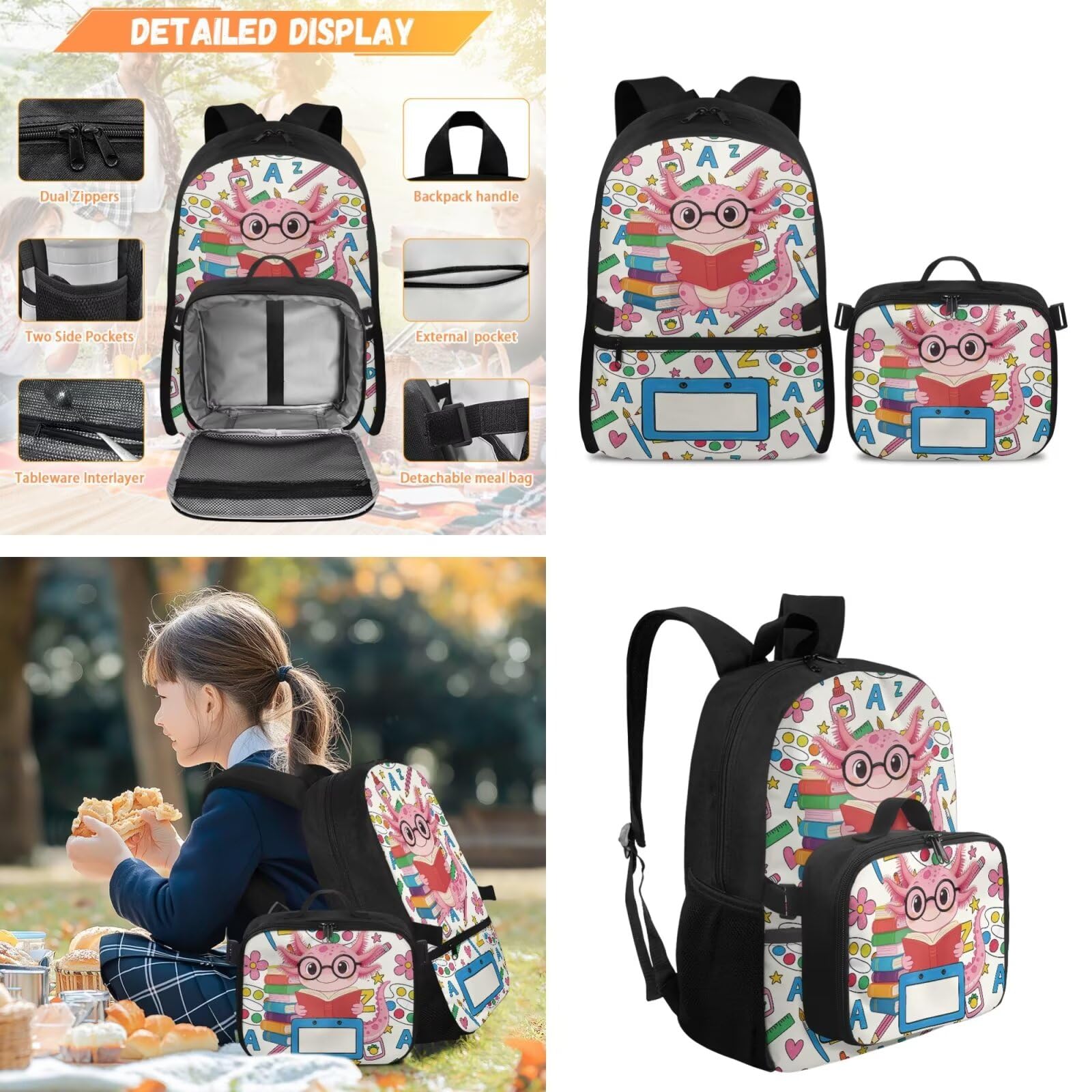 COEQINE Niedlicher Rucksack für Kinder, Schultasche, 5-teiliges Büchertaschen-Set mit Lunchbox, Federmäppchen, Schlüsselanhänger für Teenager von 6–12 Jahren, Axolotl Buntes Schulbuch, M, Designer