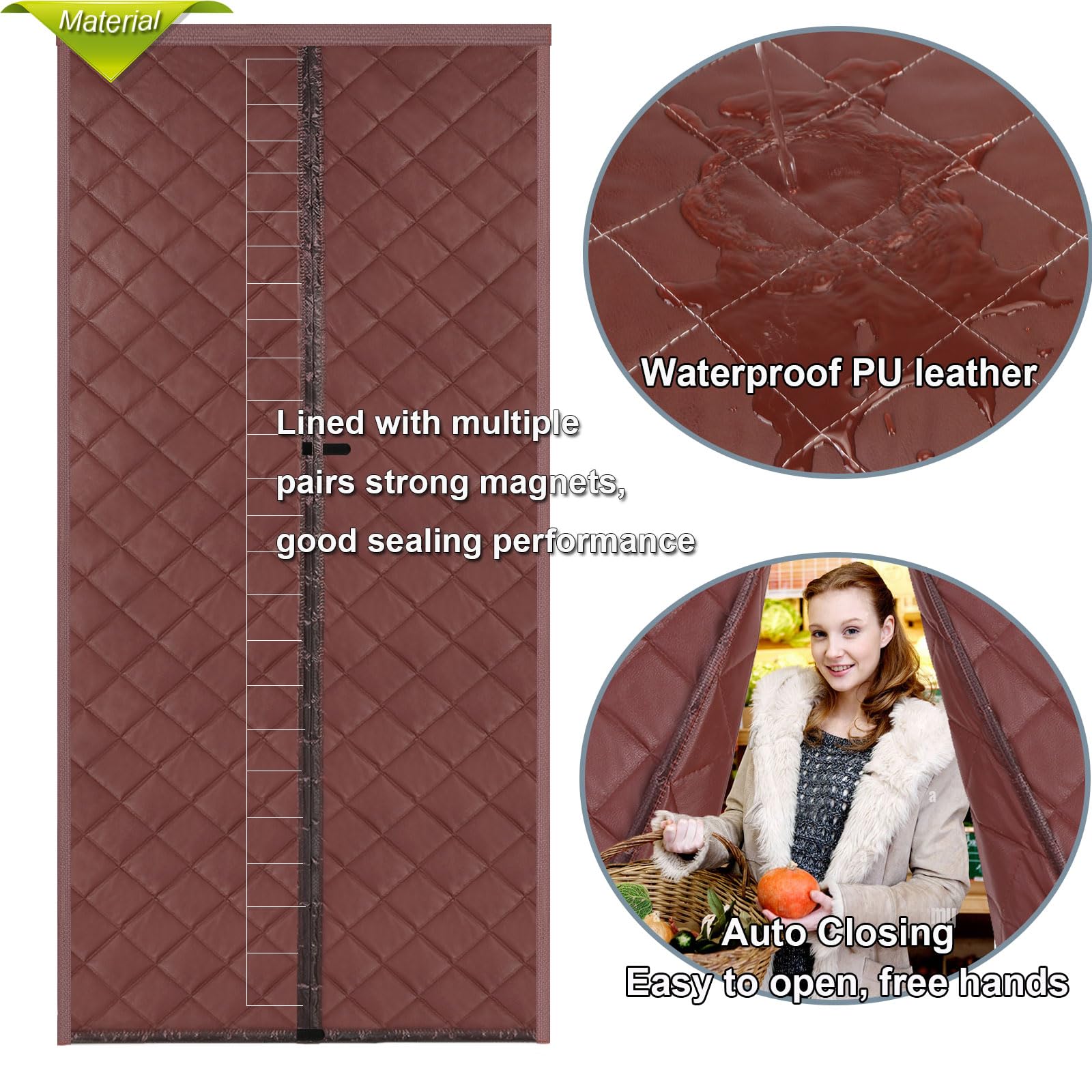 Risareyi Cortina de Puerta Aislante Termica Frio y Calor 95x205cm, Marrón Aislamiento Cortinas Térmica Magnética para Puerta Exterior Salón Balcón, Impermeable, Cierre Automático