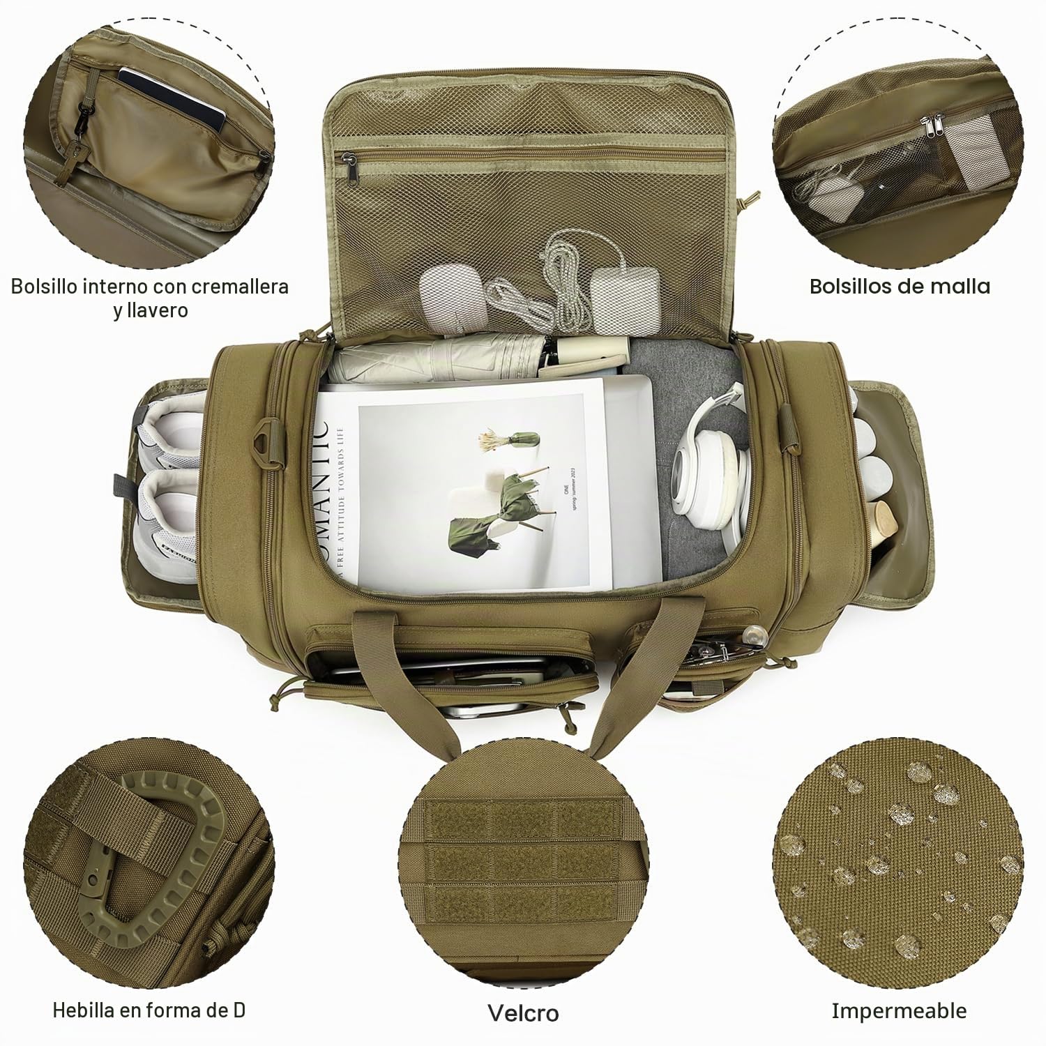 Bolsa Deporte Hombre 40-45 litros Ampliable 3 en 1 Mochila Gimnasio Táctica Militar Bolsa de Viaje con Compartimento para Zapatos para Camping, Fitness, Entrenamiento - Gym Bag Marrón