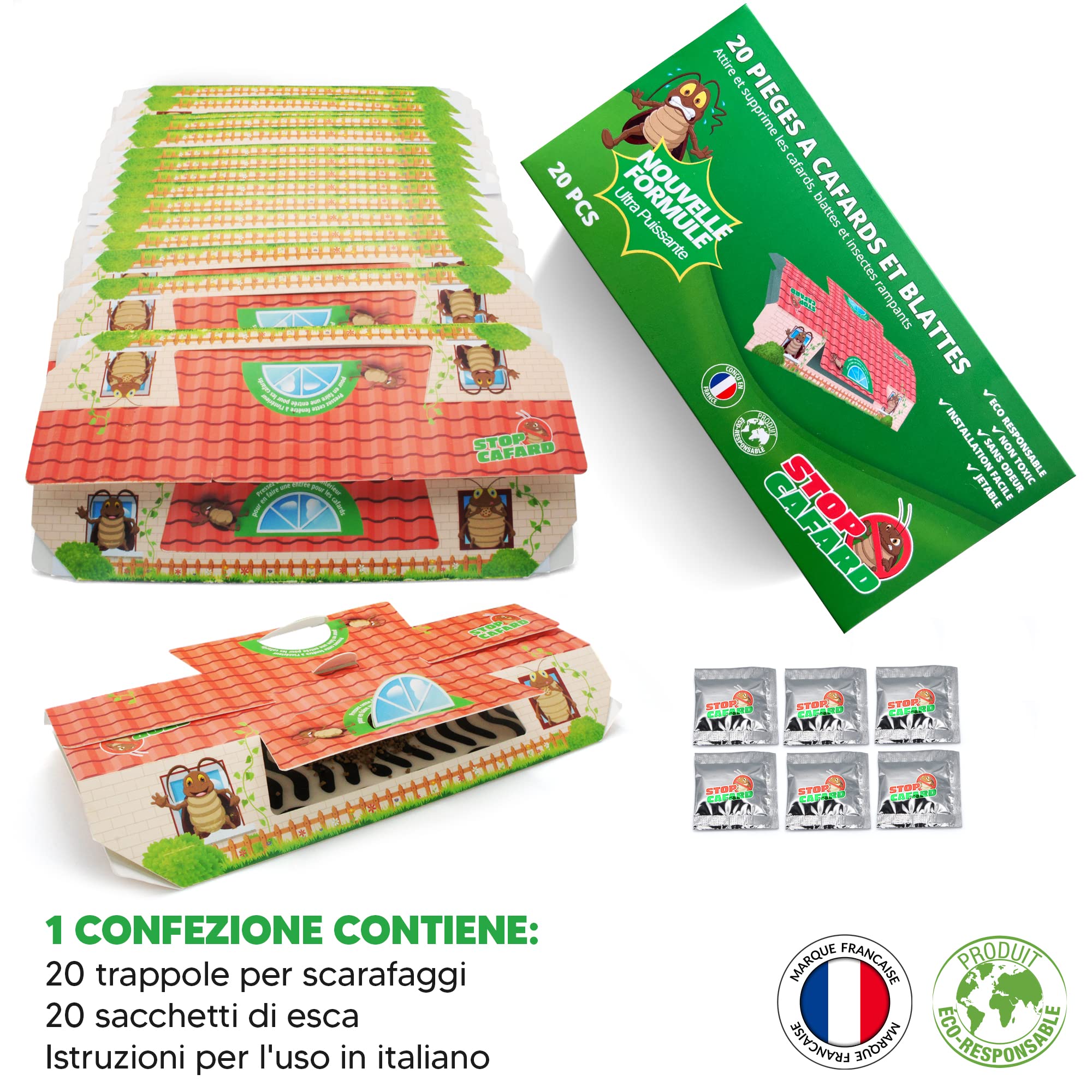 20 Trappole Scarafaggi e Blatte. Potente Trappola Professionale per Scarafaggi. Trappola Scarafaggi Non Tossica. Stop Cafard, Verde e arancione