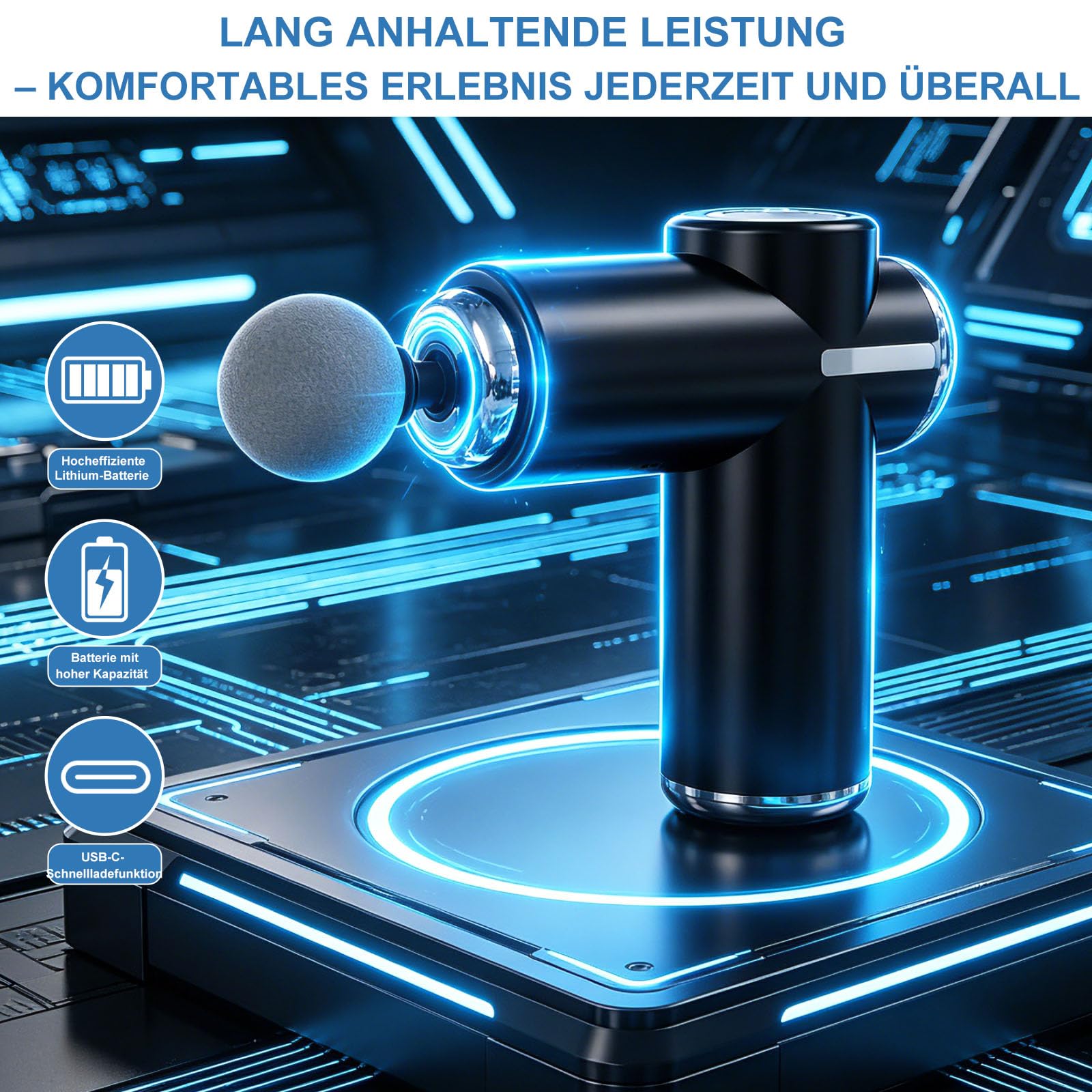 Tiefengewebe-Massagegerät, Muskelmassagegerät mit 6 Geschwindigkeitsstufen und 5 Massageköpfen, tragbares, leises Massagegerät zur Entspannung von Körper, Rücken und Schultern (Schwarz)
