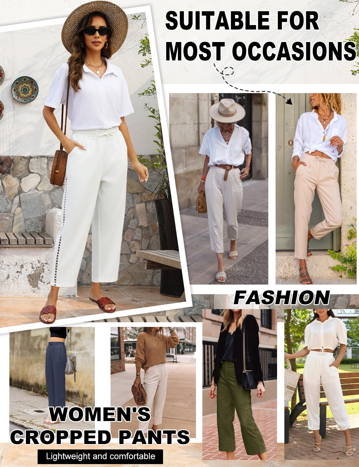 CMTOP Pantalon Femme Été Coton Lin 7/8 Pantalons Fluide Pantalon Loisirs Léger Longueur Pants Décontracté Solide Couleur Droit Pants avec Poches Cordon