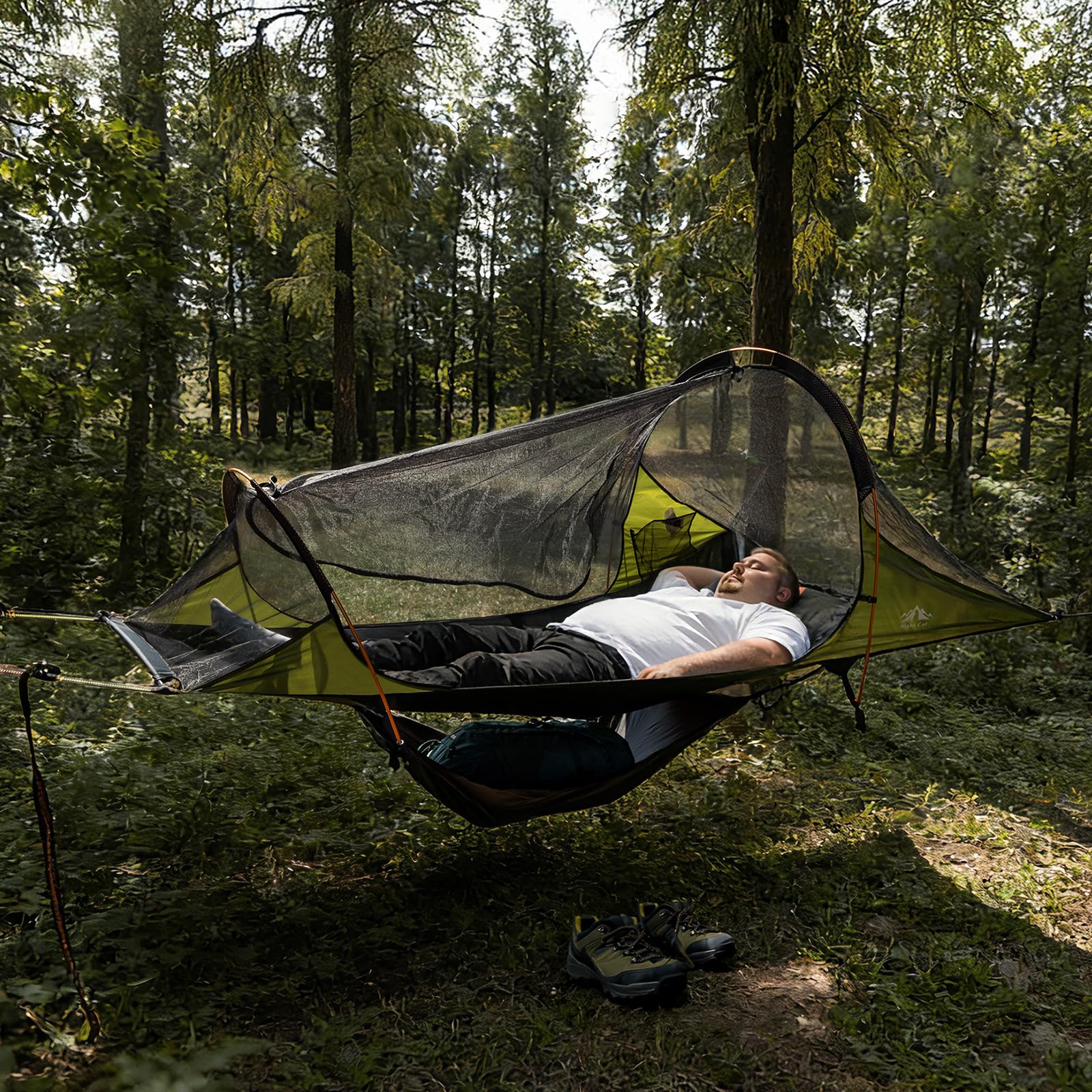 Night Cat Tenda Amaca con Zanzariera: A Forma Triangolare con Fondo Piatto Impermeabile per 1 Posto Verde