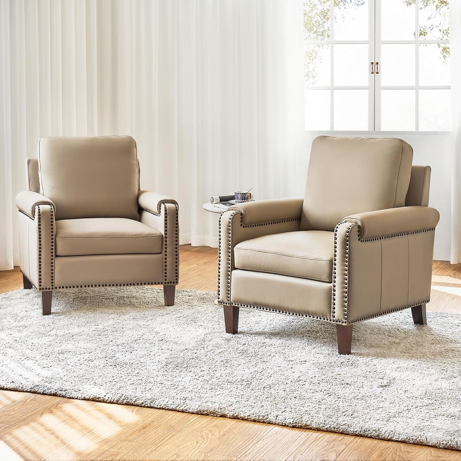 HULALA HOME Genuine Leather Accent Chair with Wooden Legs & Nailhead Trim, Comfy Upholstered Armchair with Removable Cushion & Rolled Arms Set of 2(Beige)