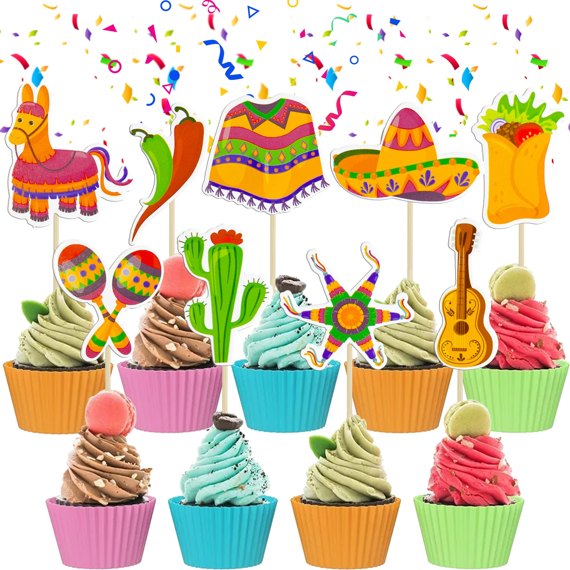 Gyufise 36Pcs Mexican Fiesta Cupcake Toppers Double Sided Cactus Donkey Maraca Sombrero Guitar Cupcake Picks Mexican Fiesta Theme Baby Shower Birthday Party Decorations Supplies Multi