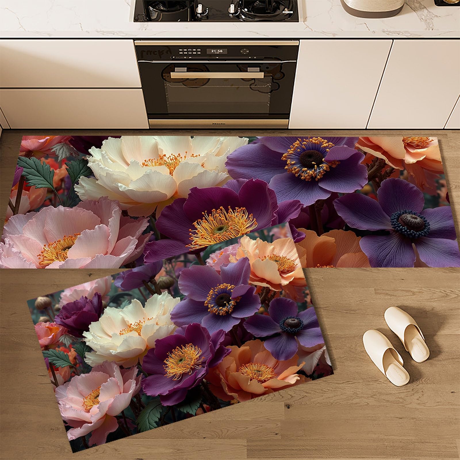 Tapis de cuisine antidérapants motif pêche pivoine lot de 2 grand format pour salon