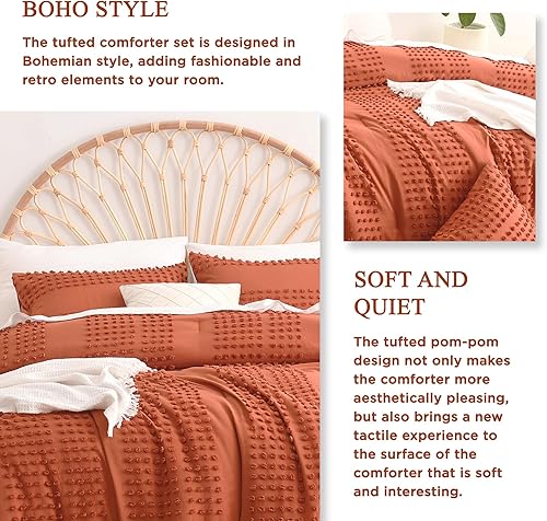 Miniatura 6 de Litanika Edredón tamaño Queen terracota, edredón bohemio copetudo con pompón jacquard naranja quemado, juego de ropa de cama elegante desgastado y