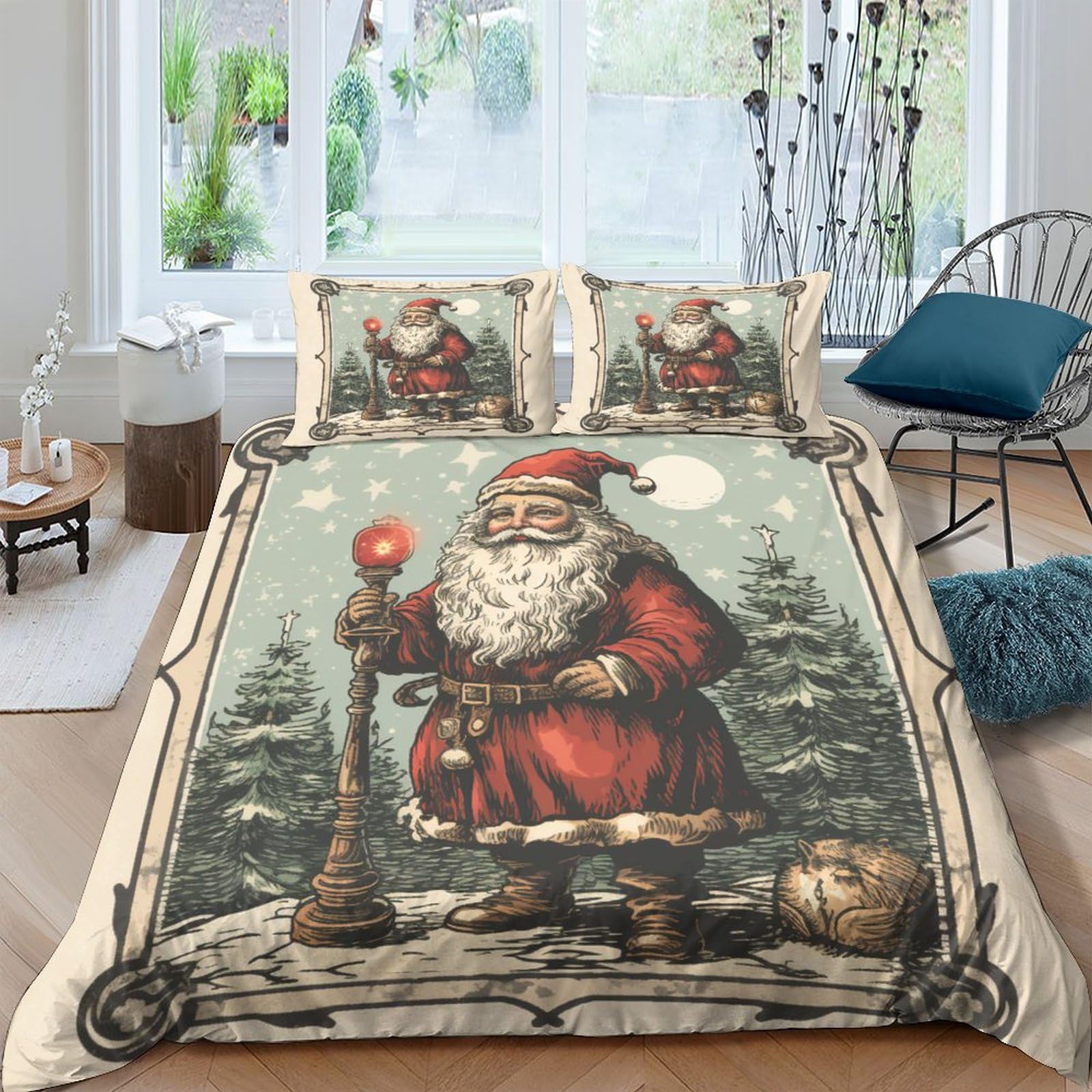 Housse de couette pour adultes et enfants Noël timbre vintage parure de lit 3 pièces