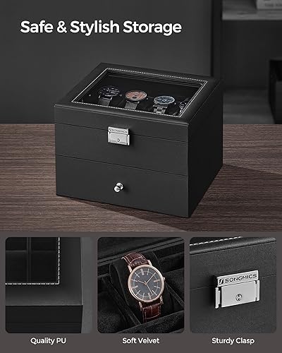 Miniatura 3 de SONGMICS Caja de reloj de 16 ranuras, caja de reloj con tapa de vidrio, 2 capas, vitrina de reloj con cerradura, cuero sintético negro, forro negro