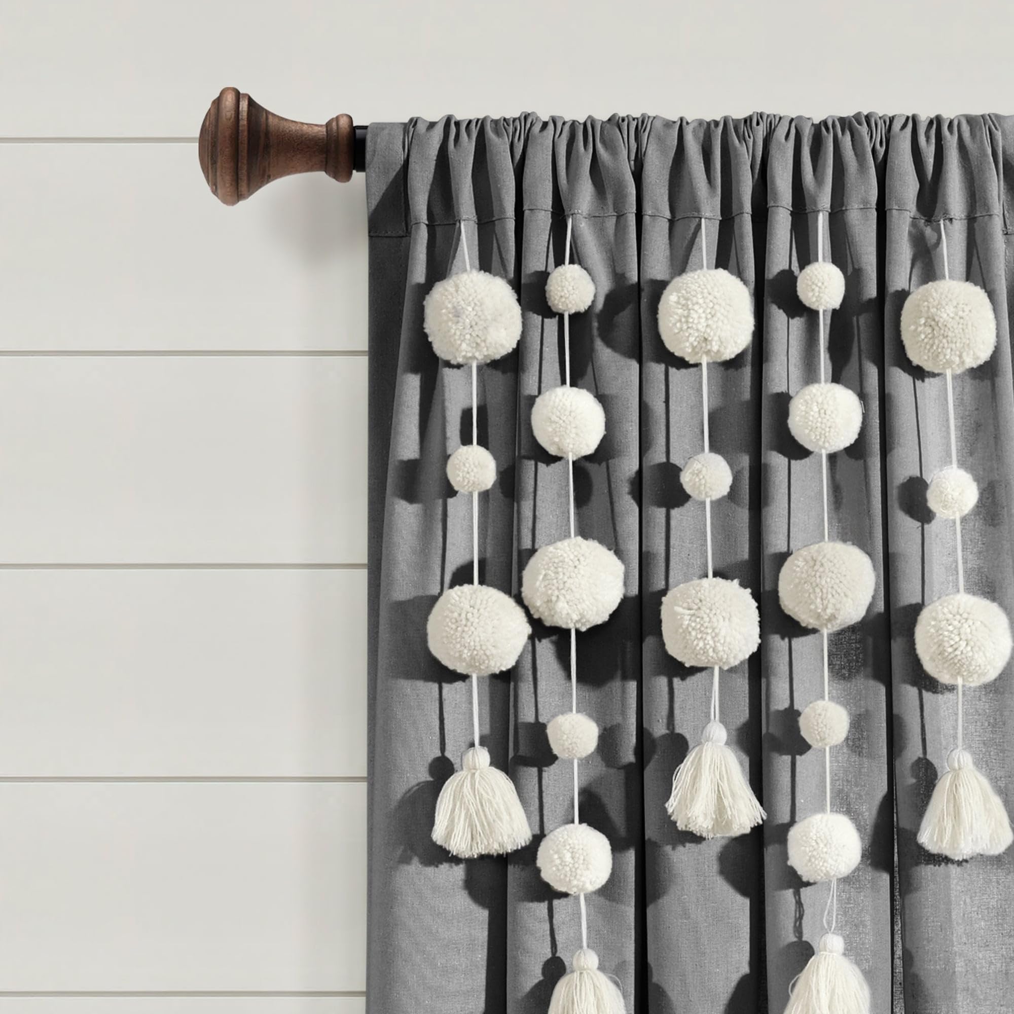 Lush Decor Boho Pom Pom Tassel Linen Window Curtain Panel (Single Panel), 95" L x 52" W, Dark Gray, W 52" x L 95" (1 Panels) - Image 2