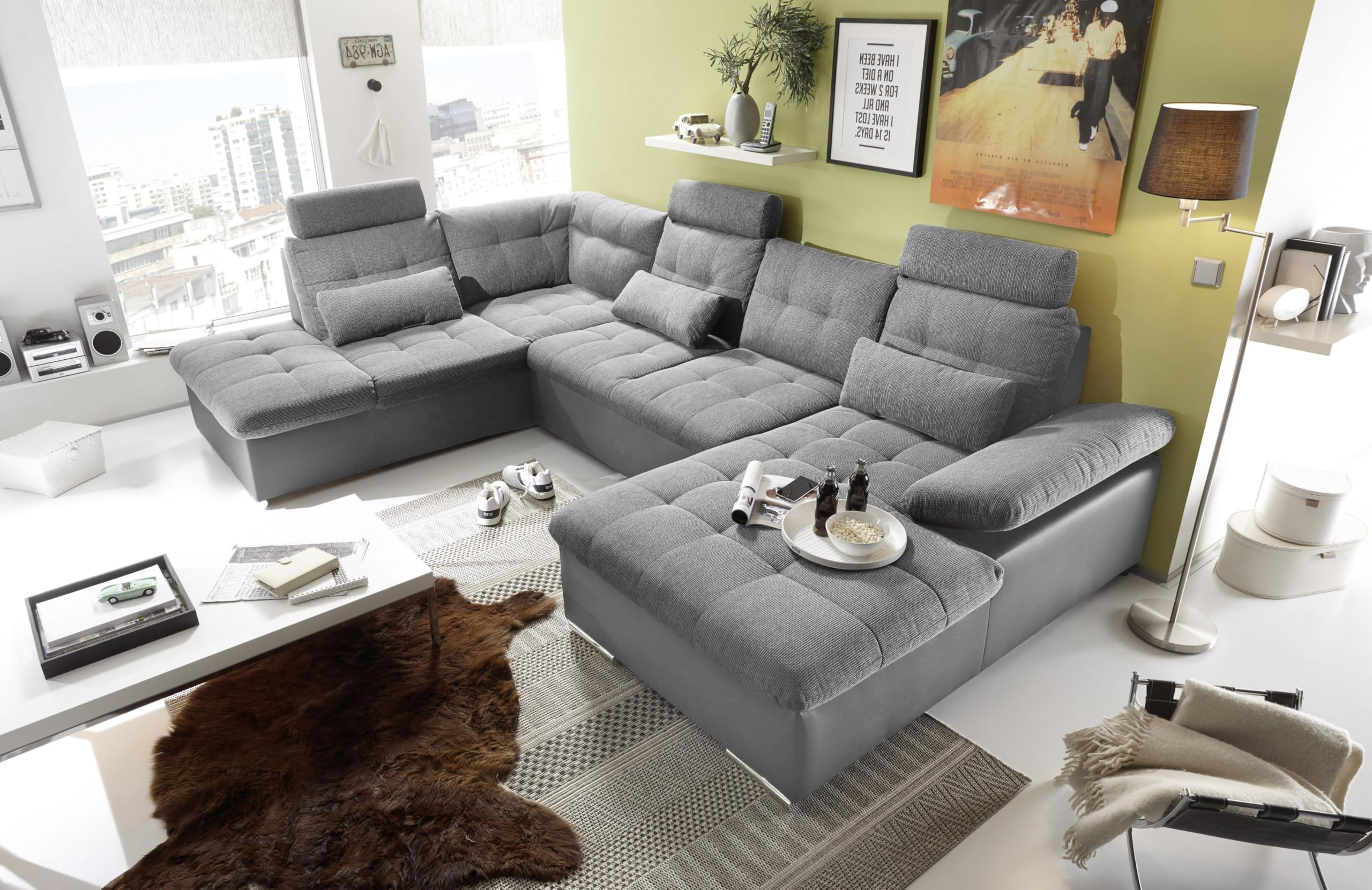 JAKARTA Wohnlandschaft in U-Form, Stoffbezug Schwarz / Lava, Ausziehbares Sofa mit Schlaffunktion & Bettkasten – 324 x 107 x 170 cm