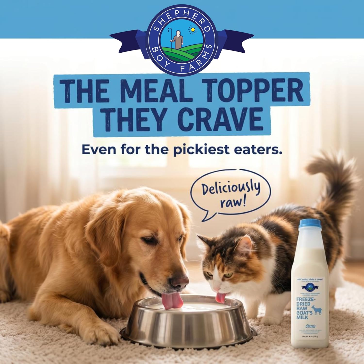 Shepherd Boy Farms Freeze Dried Raw Goats Milk with Probiotics for Dogs & Cats (Classic), High Protein Digestible Goat Milk for Sensitive Stomachs, Food Topper, Dog Camping Essentials - Makes 32 FL OZ