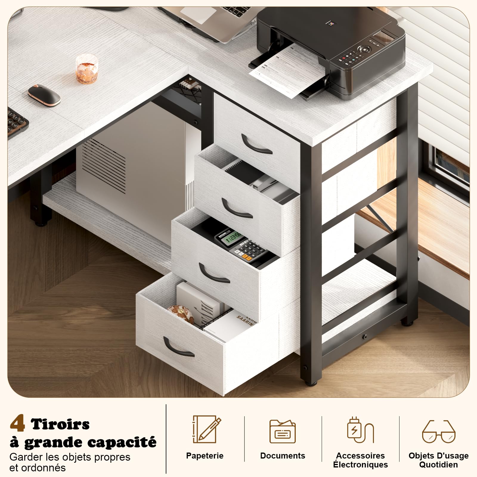 Devoko Bureau d'angle 160 x 80 cm, Bureau en L avec 4 Tiroirs,1 Port USB + 1 Port Typ-C et 2 Prise de Courant, Table Réversible avec Support d'écran pour Travail à Domicile, Blanc