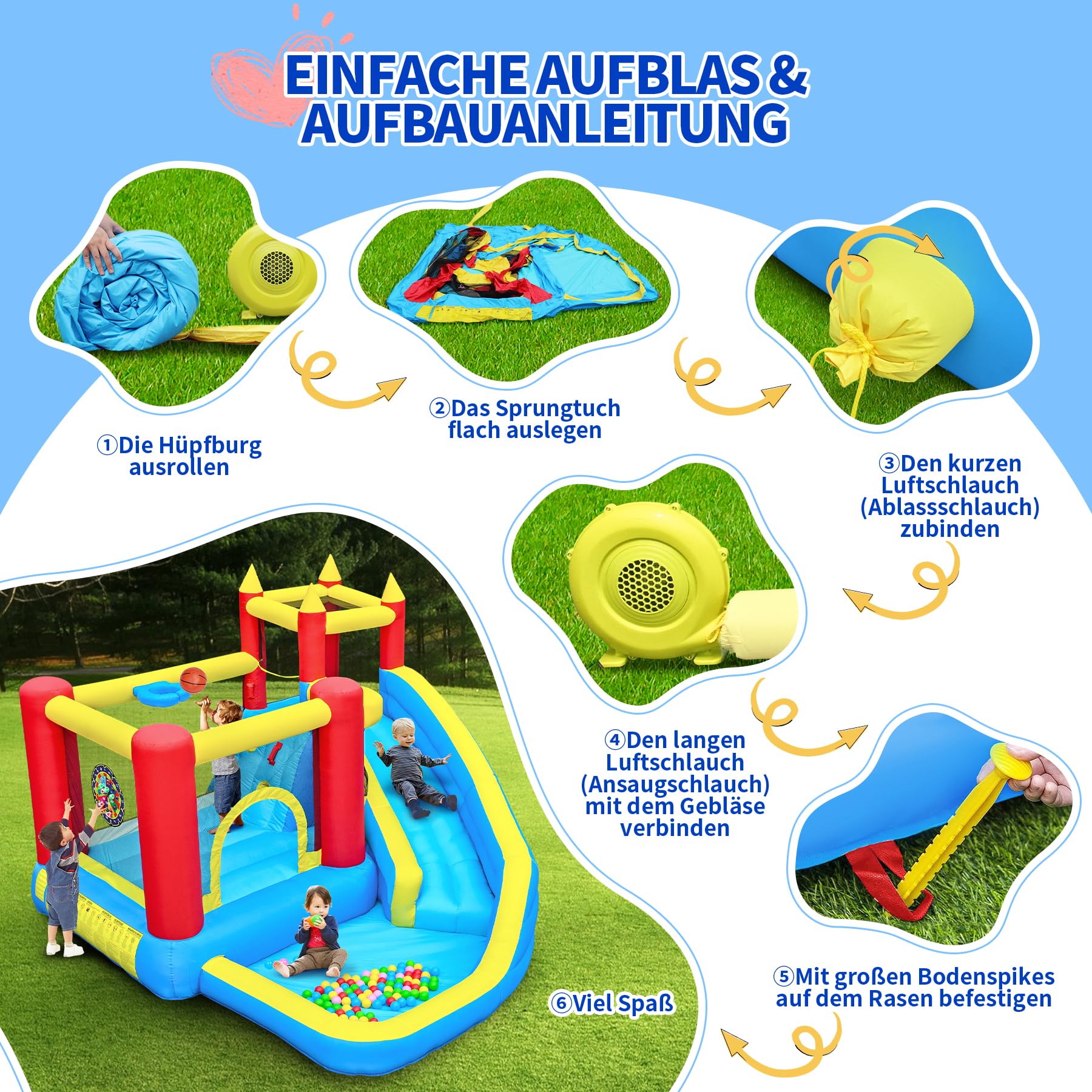 hüpfburg Kinder mit rutsche und kletterwand, hüpfburg gebläse inklusive, innen und außen hüpfmatratze für Kinder Bouncy Castle 3-10 Jahre 274 x 310 x 218 cm Outdoor hüpfburgen (Langrutsche)