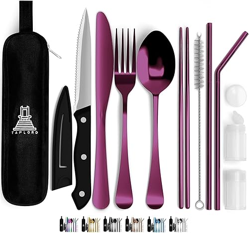 Vista 11 de Juego de cubiertos de viaje portátil Taplord con estuche, incluye 10 piezas de utensilios de viaje con estuche, juego de cubiertos de acero Oro