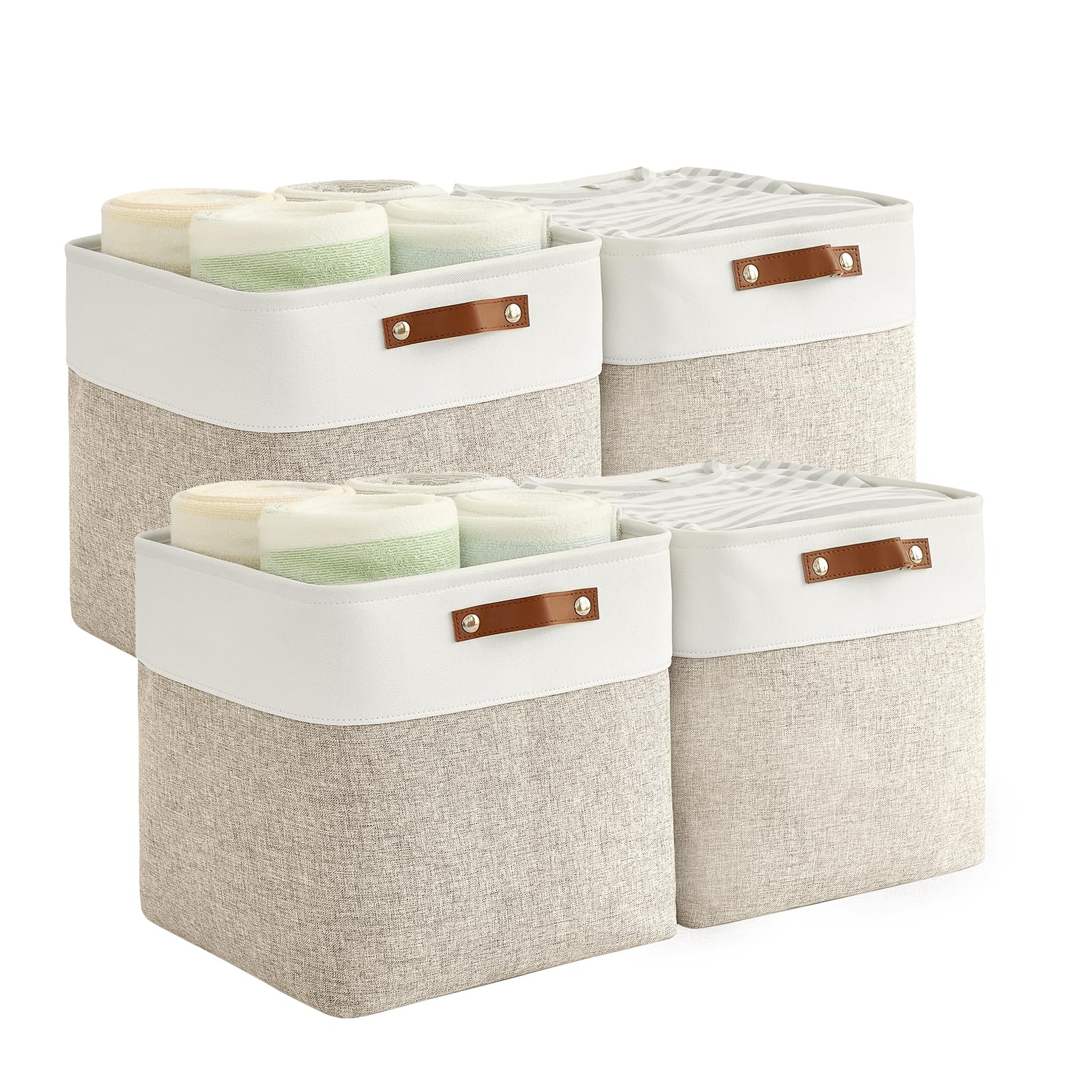 Bagnizer Lot de 4 cubes de rangement pliables en tissu pour étagères et armoire (33 cm) – Paniers organisateurs avec poignées, boîte en toile imperméable pour vêtements Beige & Blanc