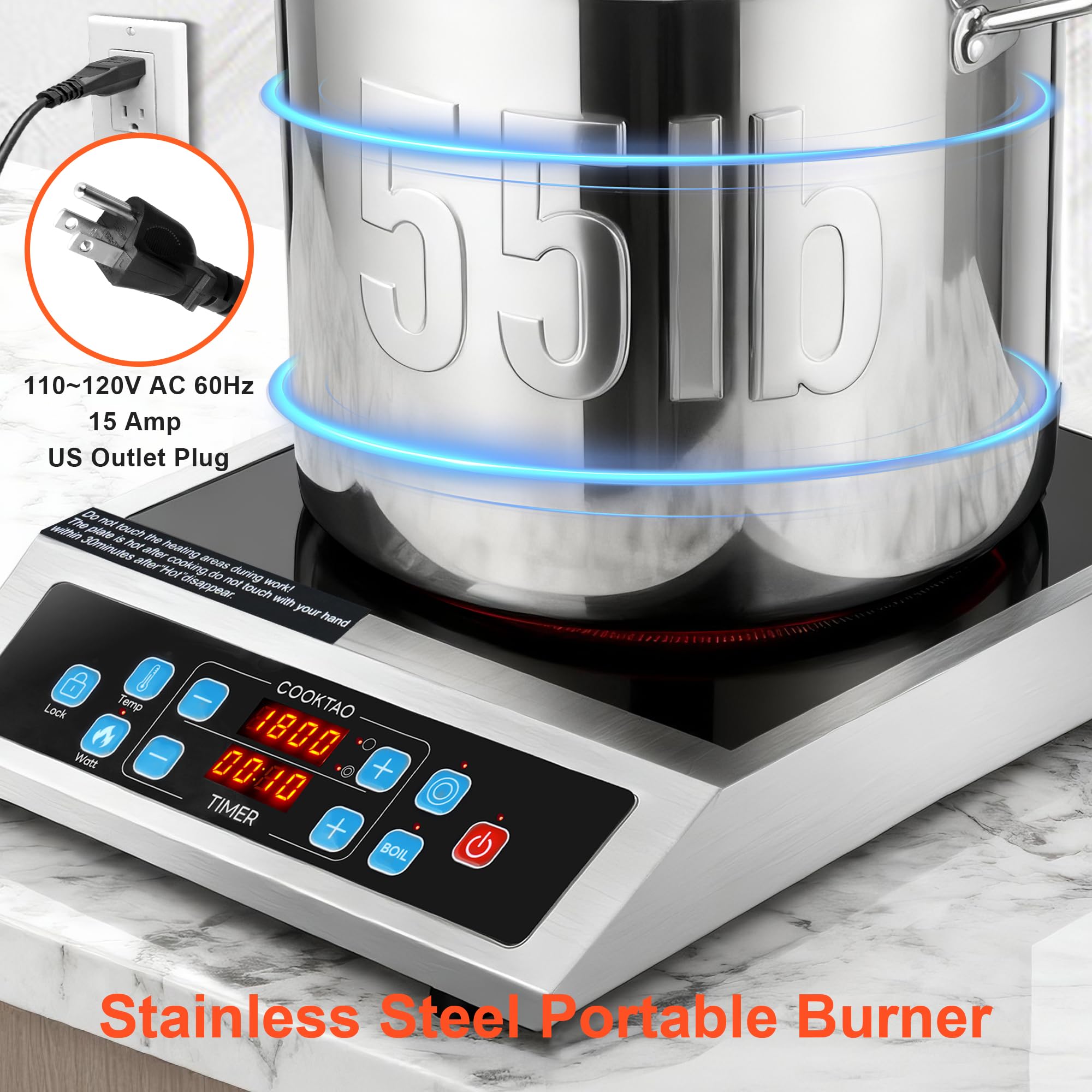 Dual Coils Design of Stainless Steel Single Burner Electric Cooktop, 1800W Commercial Ceramic Infrared Cooking Hot Plate, 12 inch Portable Countertop Radiant Stove Top Cooker with WATT n TEMP Control