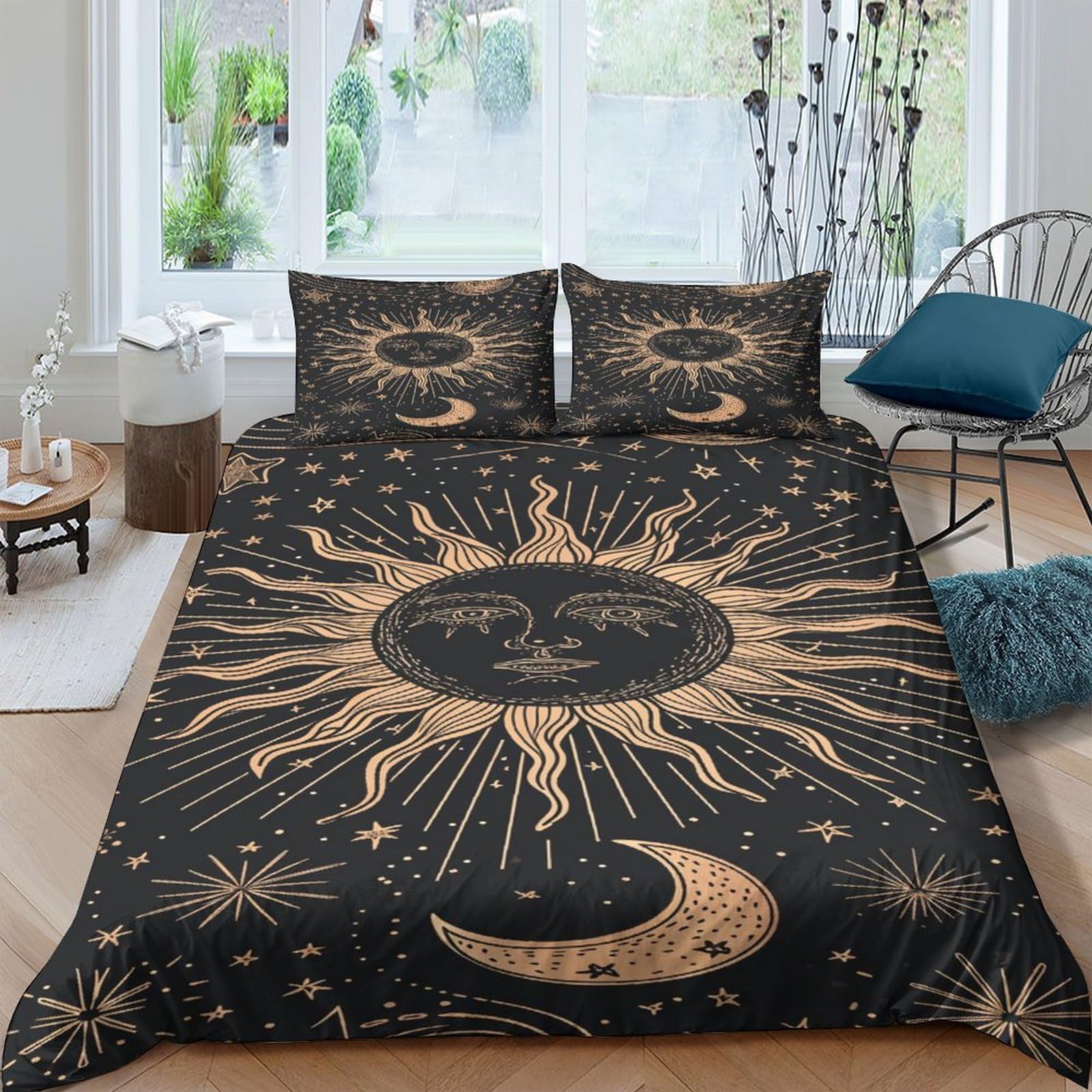 NRAOPEVVD Sun Moon Duvet Cover Sets 3 PCS Hotel Quality Quilt Cover Bedding Bed Covers with Pillowcases with Zipper Closure Hypoallergenic Soft Breathable Microfiber Double（200x200cm）