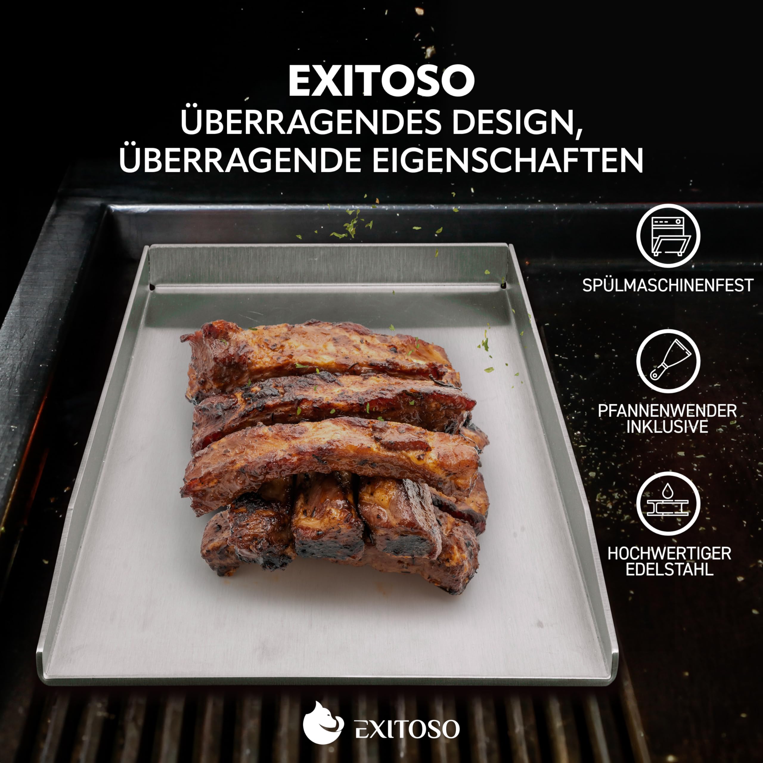 Exitoso Grillplatte 30x40cm | Plancha Mit Grillspachtel | Gasgrill Aus Dickem & Rostfreiem Edelstahl | 4mm Dicke | Universalgröße, Silber