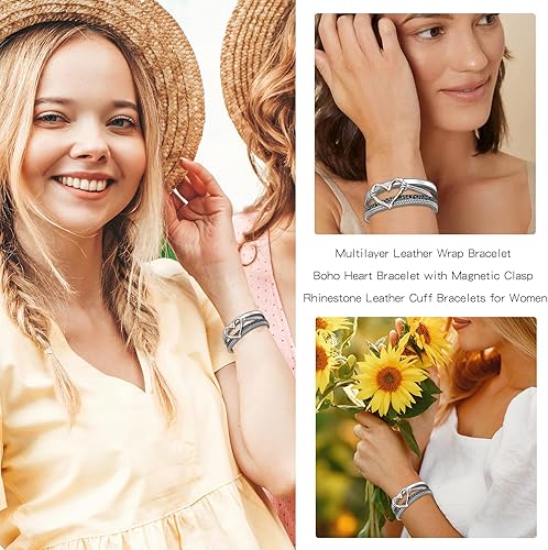 Miniatura 2 de Long tiantian Pulseras de cuero multicapa para mujer, pulseras apilables de corazón para mujer, pulseras bohemias de cuero con cierre, regalos de