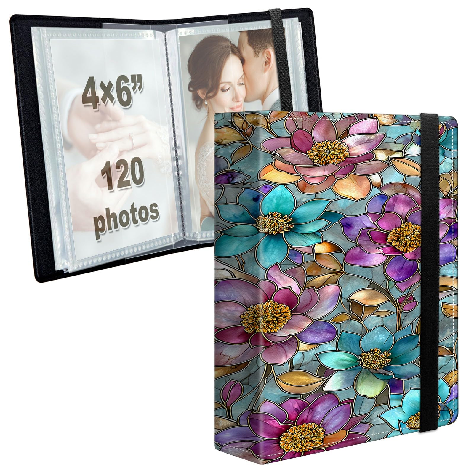 Photo Album 4x6 120 Photos with Strong Elastic Band, Stained Glass Flowers