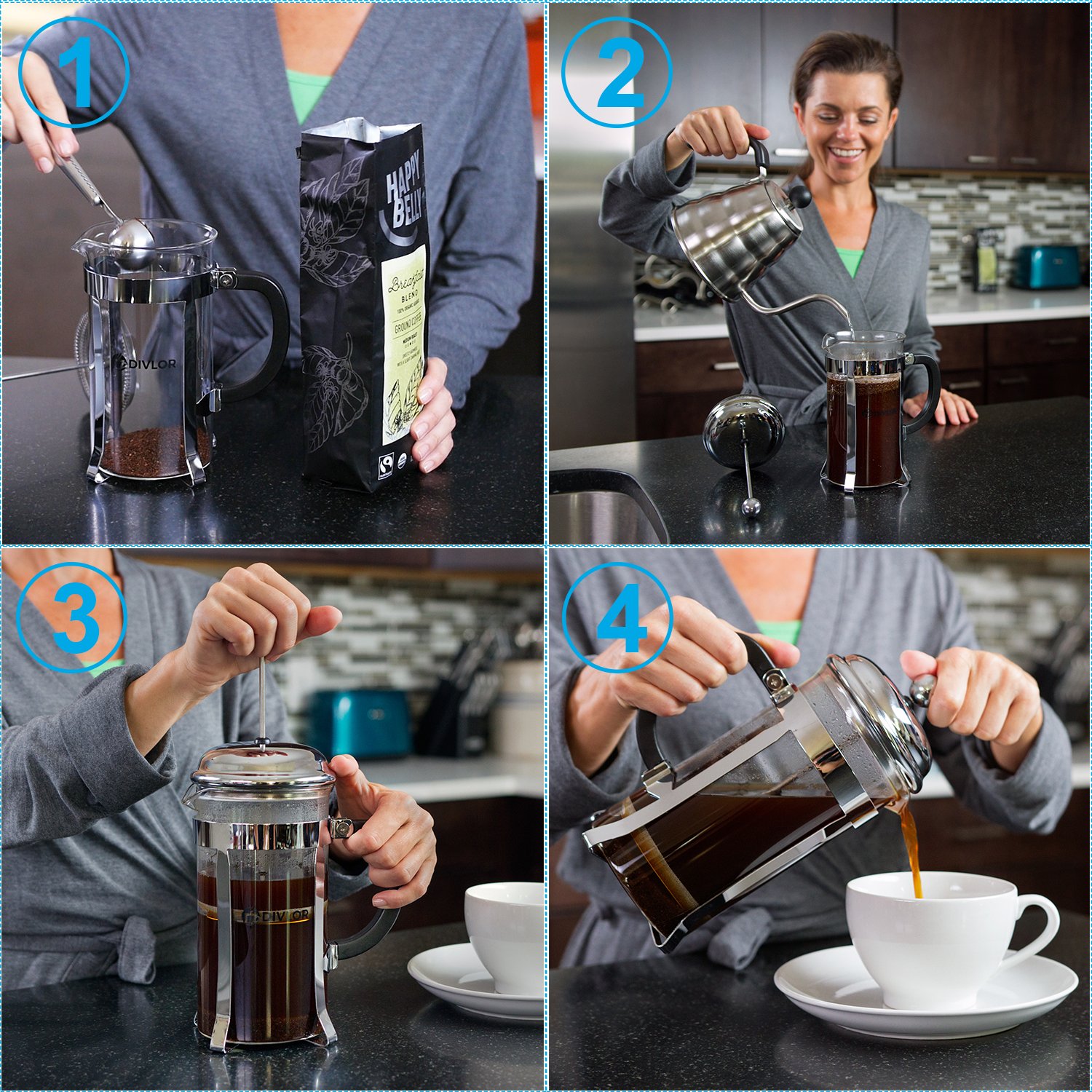 French Press Coffee Maker - 34 Ounce, 8 Cups, Clip Spoon and 2 Bonus Filter Included By Divlor