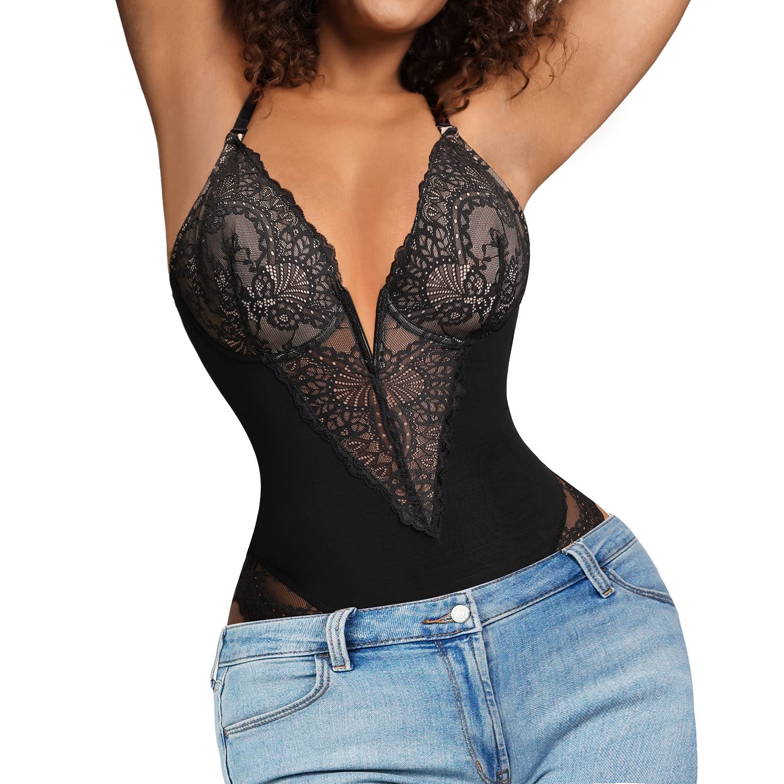 Popilush Shapewear Bodysuit Tummy Control Lace Corset Tops V Neck Sleeveless Backless Body Suit Thongs