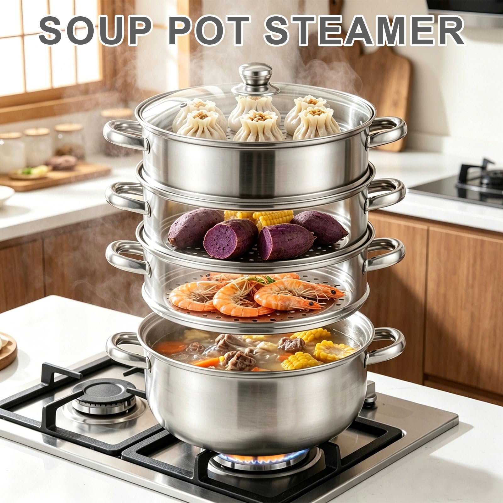 Steamery - Vaporera y olla de vapor de 28 cm - Vaporera de acero inoxidable con inserto, 4 niveles de utensilios de cocina con tapa para verduras, mariscos, sopas, guisos y pasta (cuatro – 4)