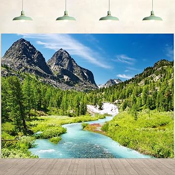 7x5ft Mountain Backdrop Nature Mountain Landscape Pine Trees Forest Blue River Sky Photography Background Camping Picnic Themed Party Decorations Wallpaper Portraits Photo Studio Props