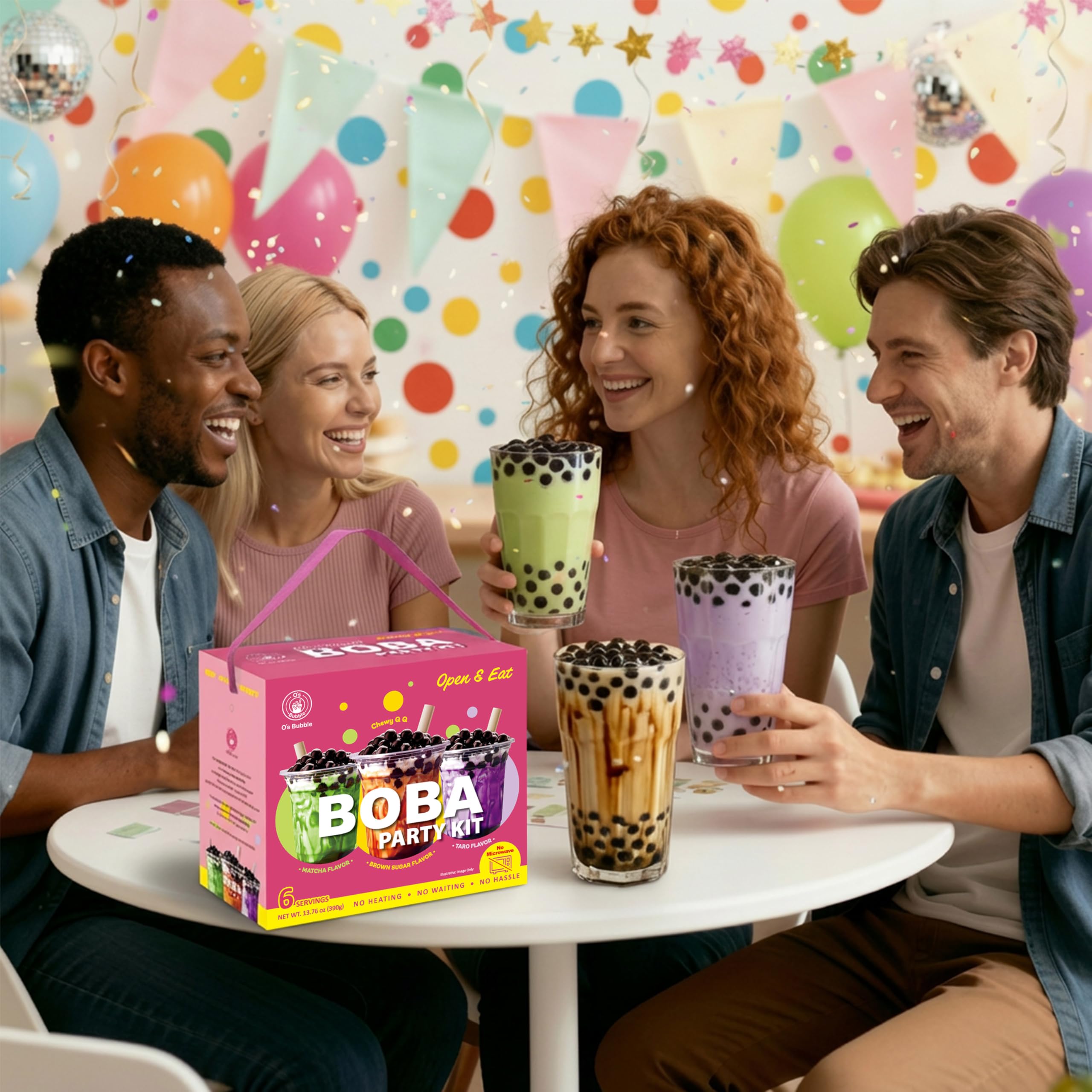 O's Bubble BOBA Party Kit 3.0 - Kit de té Boba todo en uno con Boba masticable - Sabores mixtos - Incluye tazas, popotes, agitador - 6
