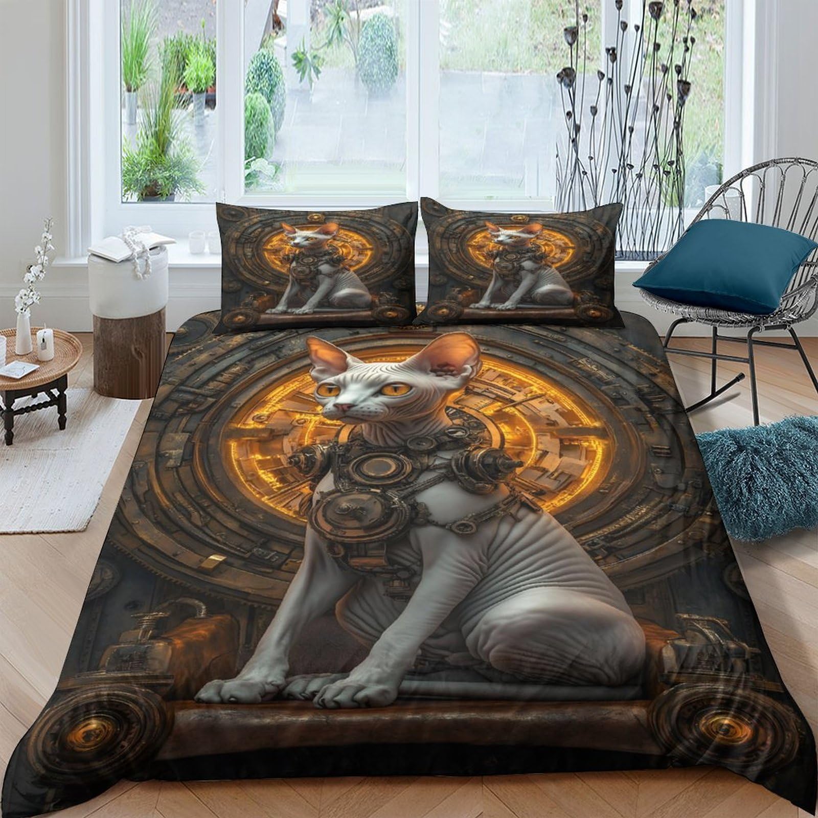 Ctjqhvkz Style-3 3D Printed Steampunk Sphynx Cat Fitted Sheet Microfiber Orange Grey Mattress Cover For Bedroom Decor Home Single（135X200cm）