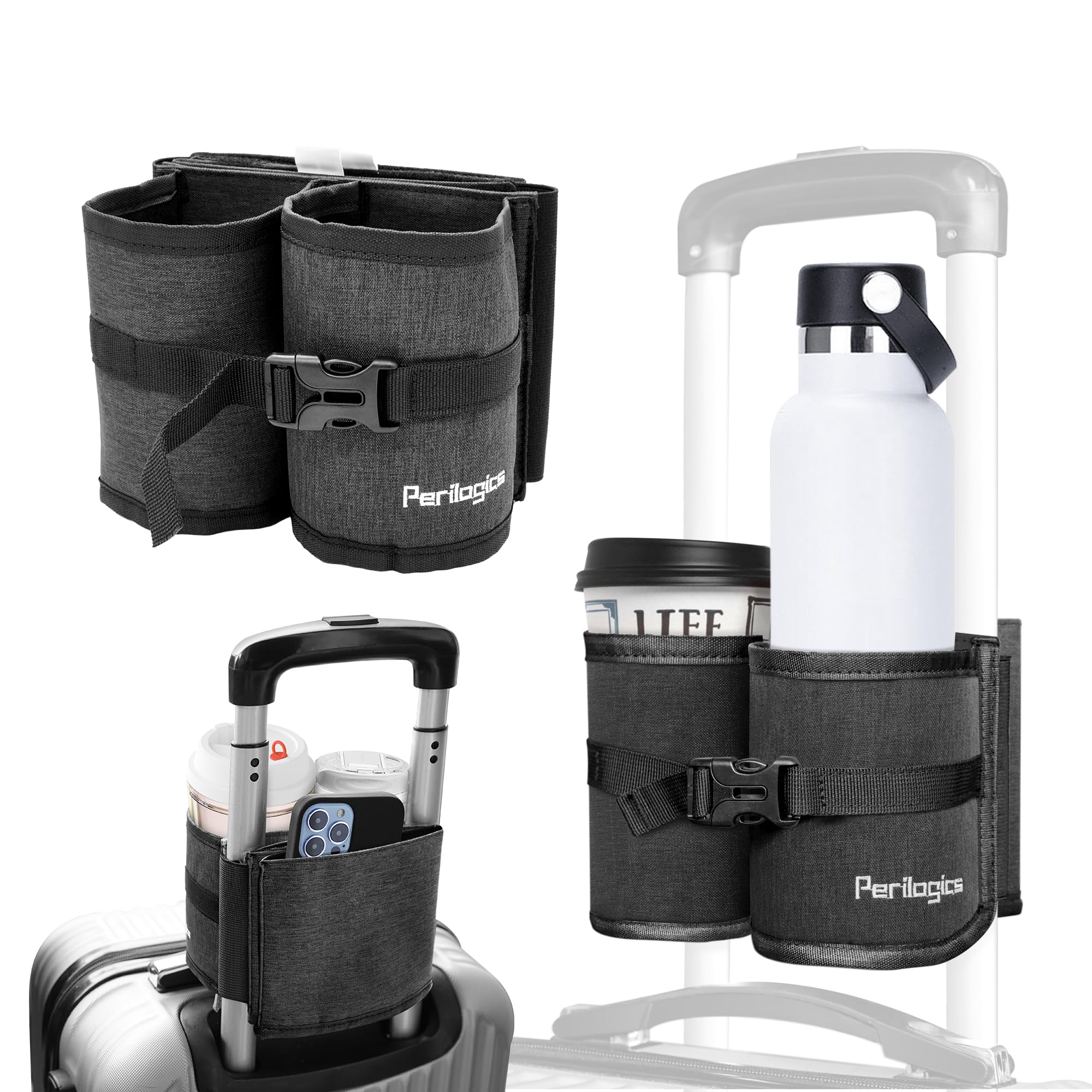 Perilogics Luggage Travel Cup Holder Hands Free Drink Caddy for Suitcase Handle. Perfect Airplane Travel Essential Accessory Gift for Frequent Traveler, Flight Attendant or with Children (Dark Gray)
