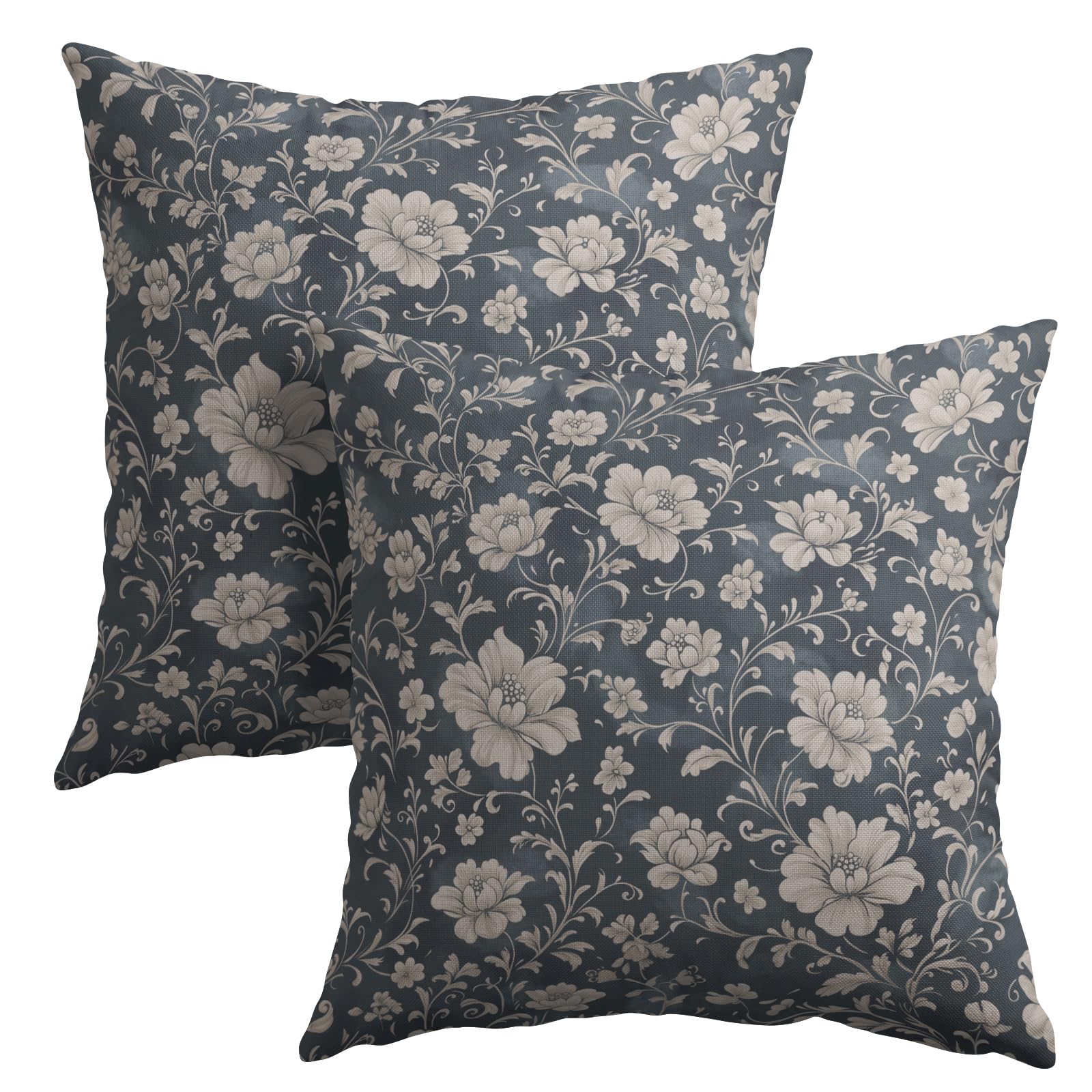 Spring Summer Blue Floral Pillow Covers 22x22 Inch Vintage Flowers Block Print Pillowcases Set of 2 Rustic Flowers Old Style Decorative Pillow Cover