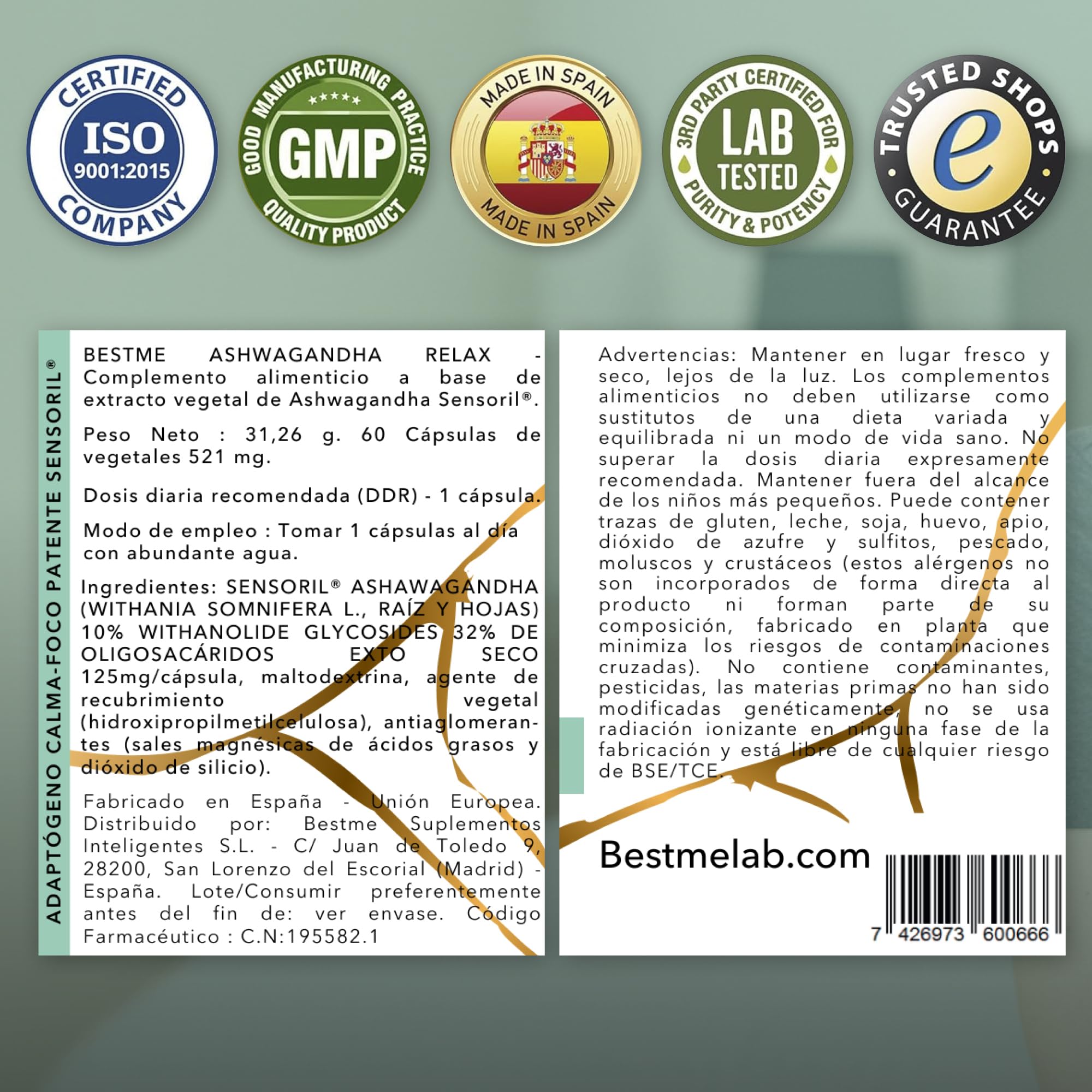 BESTME - Ashwagandha con Sensoril® 521 mg (10% de Withanólidos) | 60 Cáps | Apoyo al Estado de Ánimo, Calma y Concentración, Nootrópico Vegano y Sin Gluten