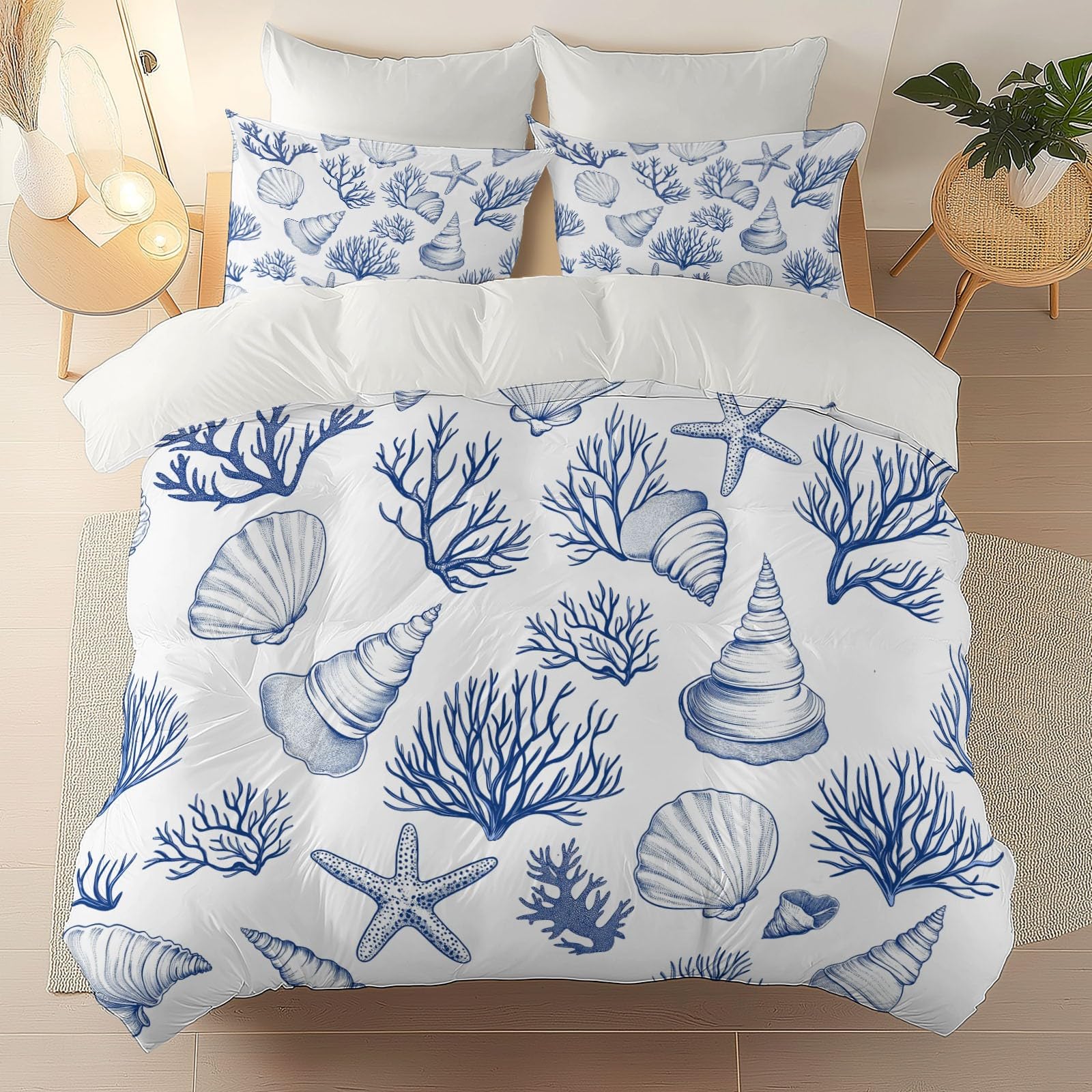 Zestaw poszewek na kołdrę ocean muszla świeży miękki nadruk zestaw pościeli szczotkowana mikrofibra poszewka na kołdrę z poszewkami na poduszki 260 x 220 cm prezenty dla mamy sypialnia dekoracja biały