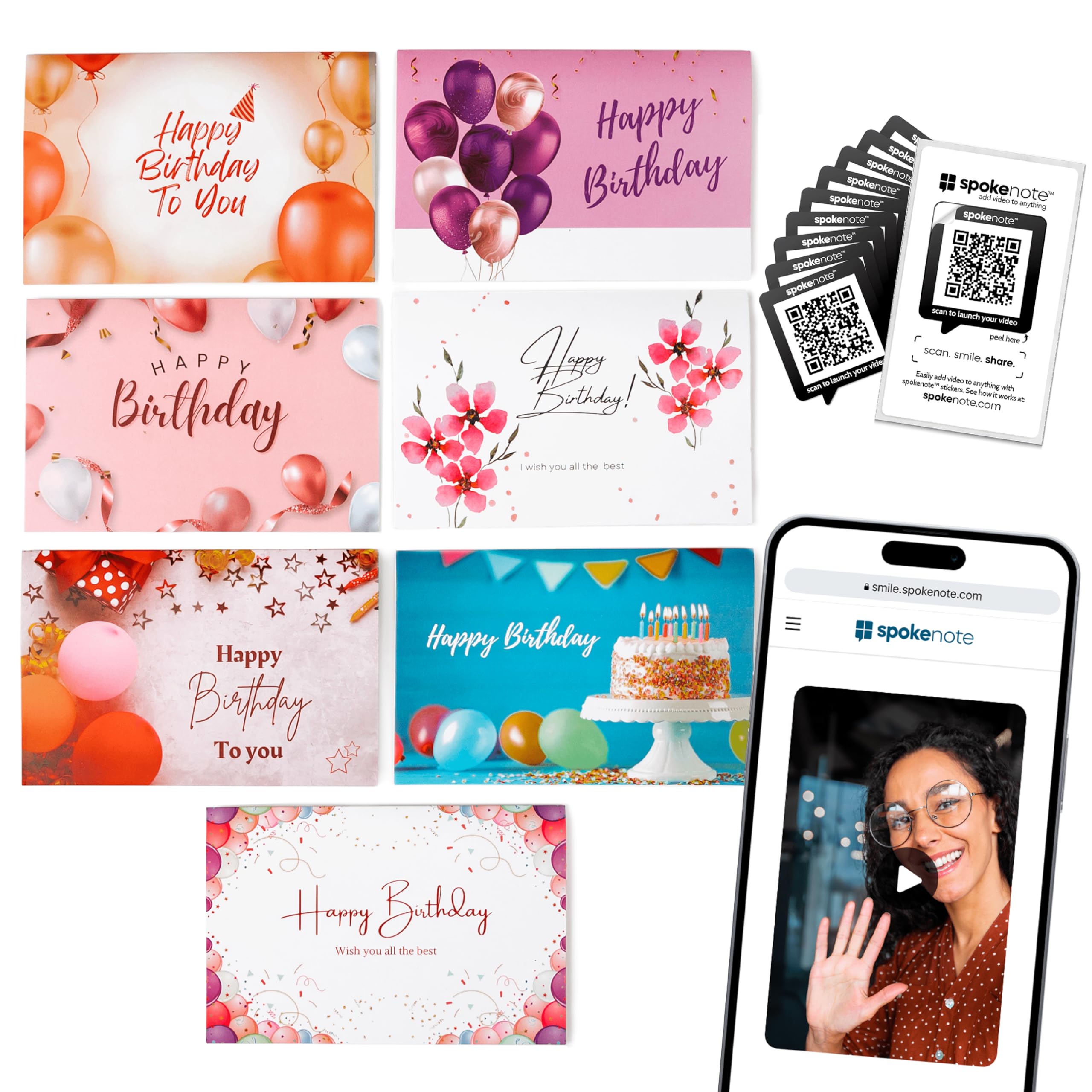 Personalized Video Recording QR Code Stickers & Birthday Card Bundle - Add Custom Videos to Gifts and Send Unique Birthday Wishes - 30 Video Messages & 100 Assorted Cards with Envelopes