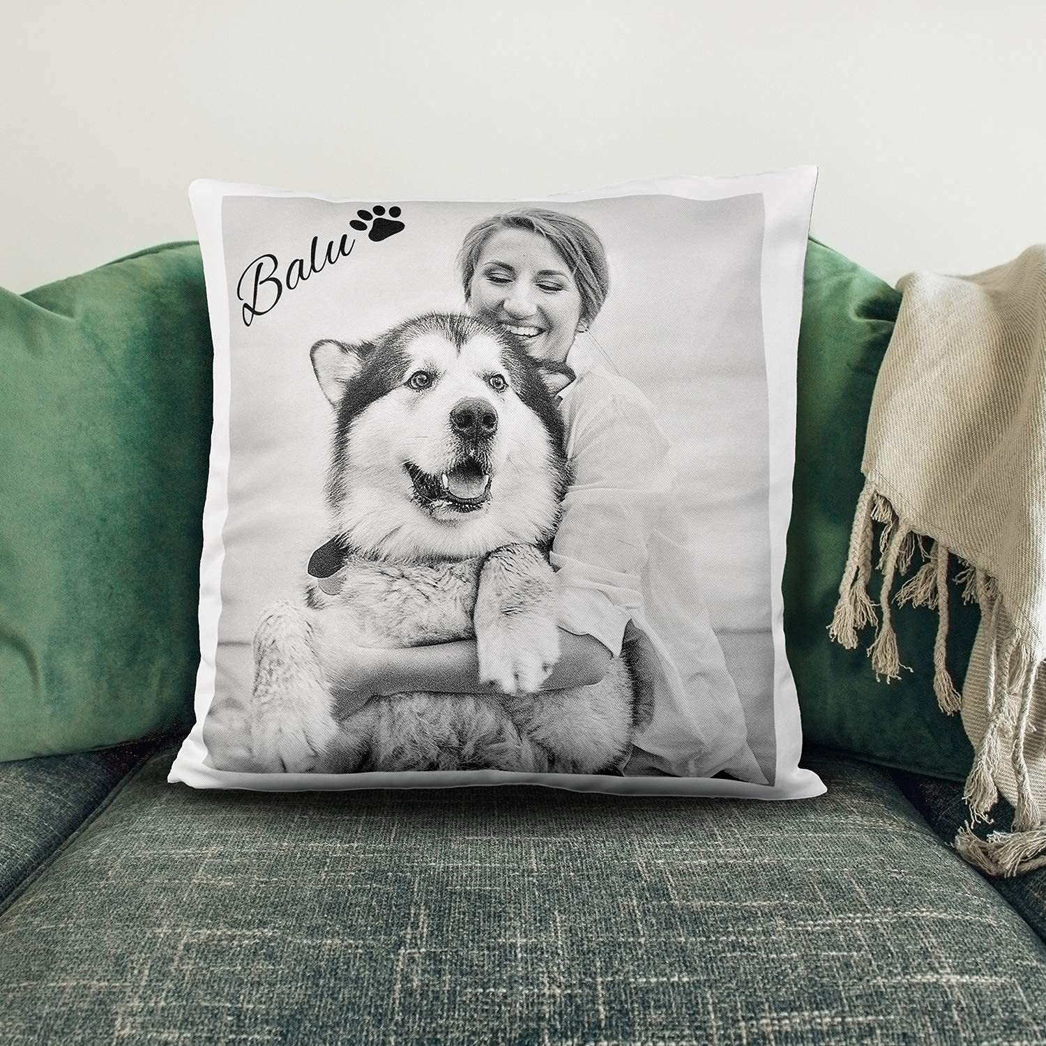LOOXIS Personalisiertes Kissen mit Foto & Text Bedruckt, selbst gestalten – 40x40 cm, farbige Rückseite, Leinenhaptik – Geschenkidee Männer, Frauen, Jahrestag, Geburtstag, Einzug – Schwarz