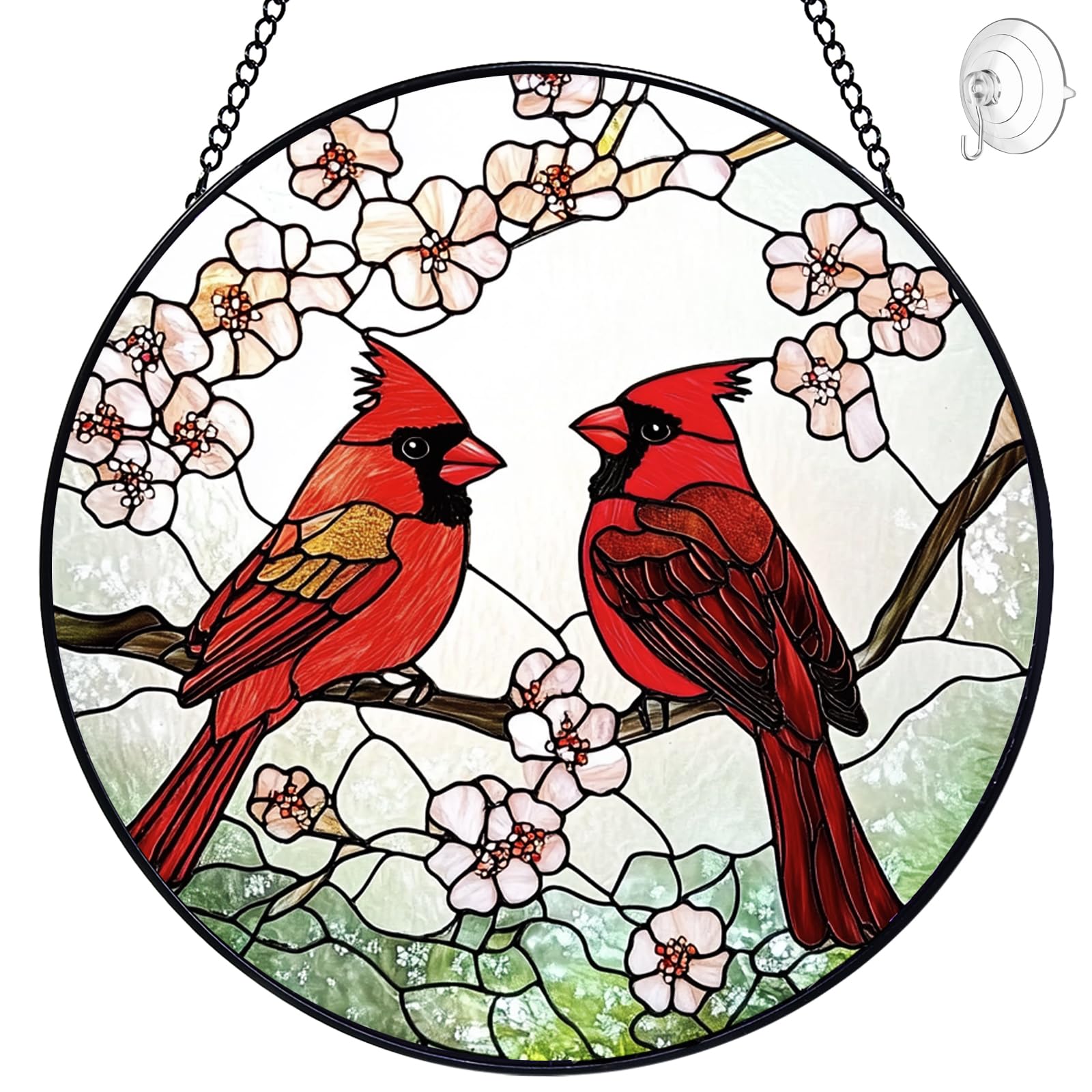 Cardinal Suncatcher Stained Glass Window Hanging - 8” Stained Glass Suncatchers for Windows - Sun Catchers Indoor Window Catcher with Hooks and Chain - Birthday Gifts for Mom Grandma