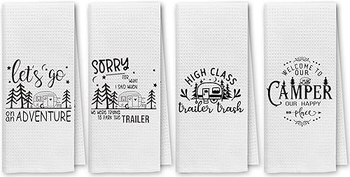 Dibor Juego de 4 paños de cocina divertidos de bienvenida a nuestra caravana, juego de 4 paños de cocina, paños de secado absorbentes decorativos